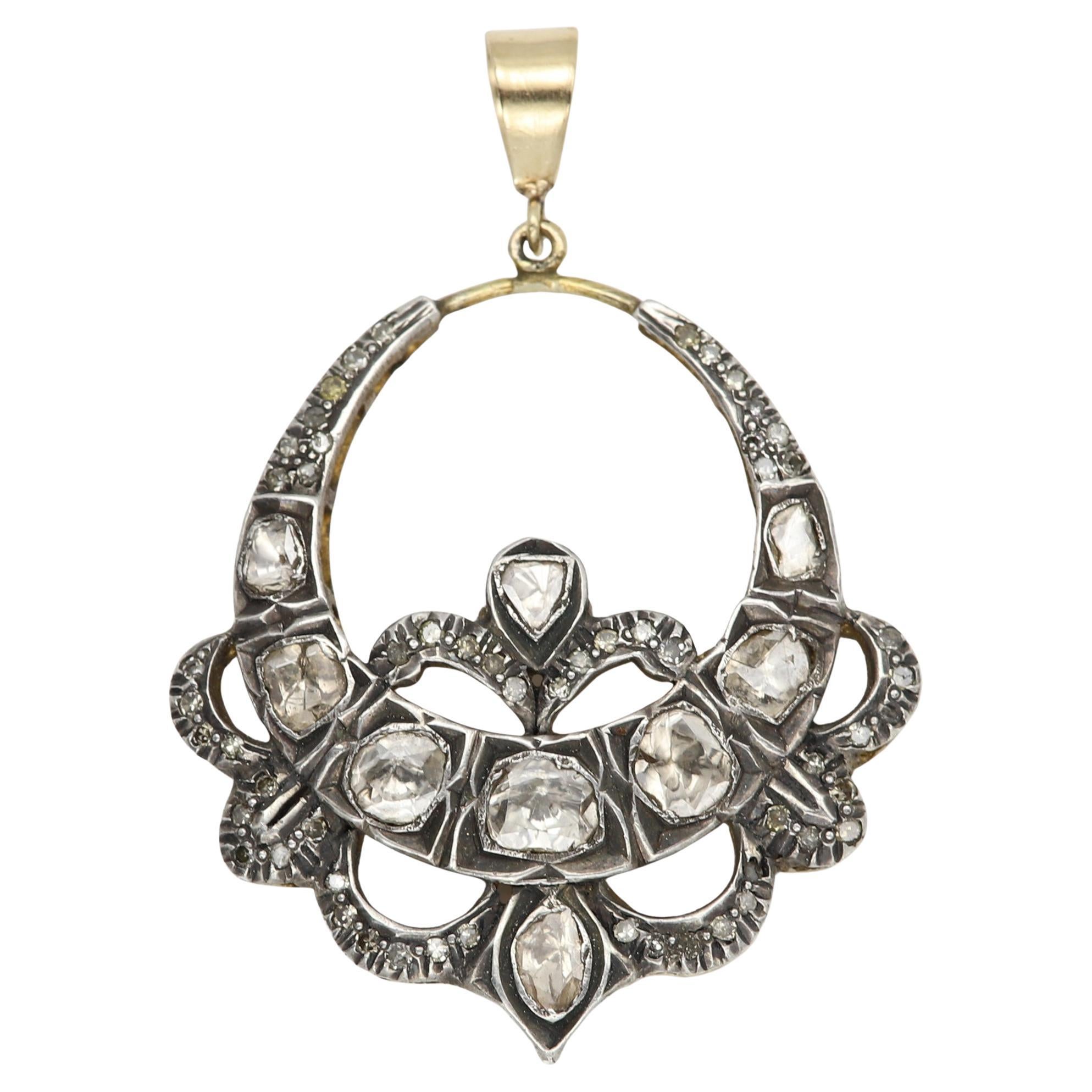 Vintage Old Cut Diamond 14 Karat Gold and Silver Pendant Circa 1920's