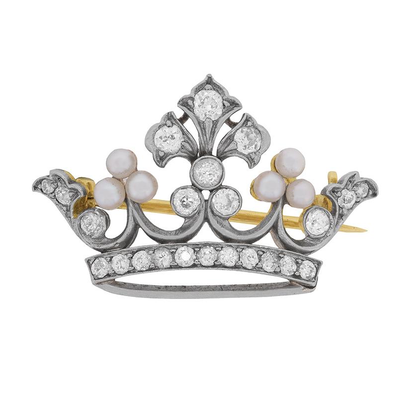 Vintage Old Cut Diamond and Pearl Crown Brooch, circa 1950s In Excellent Condition In London, GB