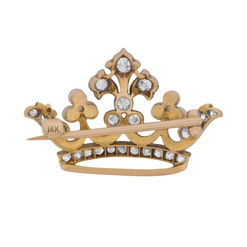 Women's or Men's Vintage Old Cut Diamond and Pearl Crown Brooch, circa 1950s