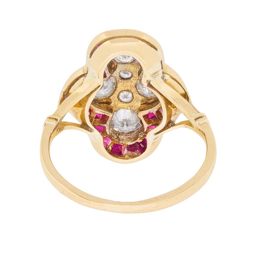 Art Deco Late Deco Old Cut Diamond and Ruby Cluster Ring, circa 1930s For Sale