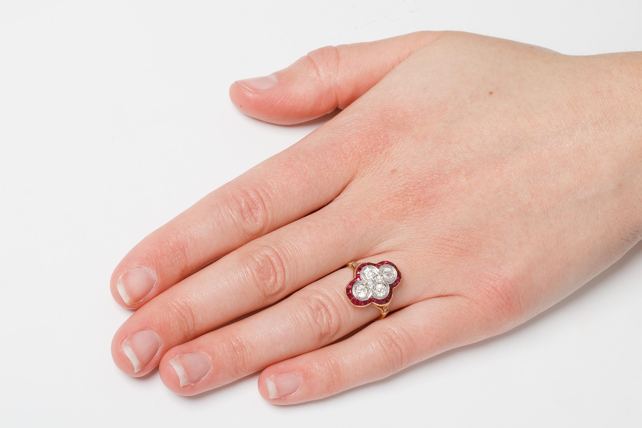 Cushion Cut Late Deco Old Cut Diamond and Ruby Cluster Ring, circa 1930s For Sale