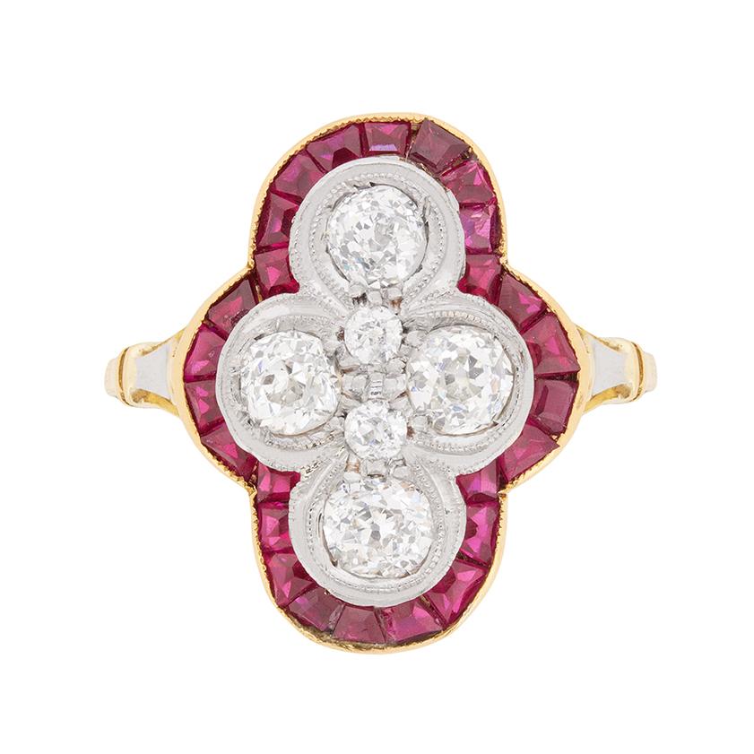Late Deco Old Cut Diamond and Ruby Cluster Ring, circa 1930s For Sale