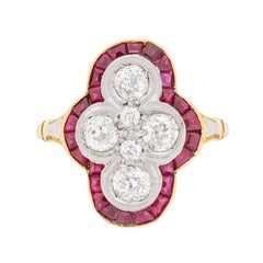 Vintage Late Deco Old Cut Diamond and Ruby Cluster Ring, circa 1930s