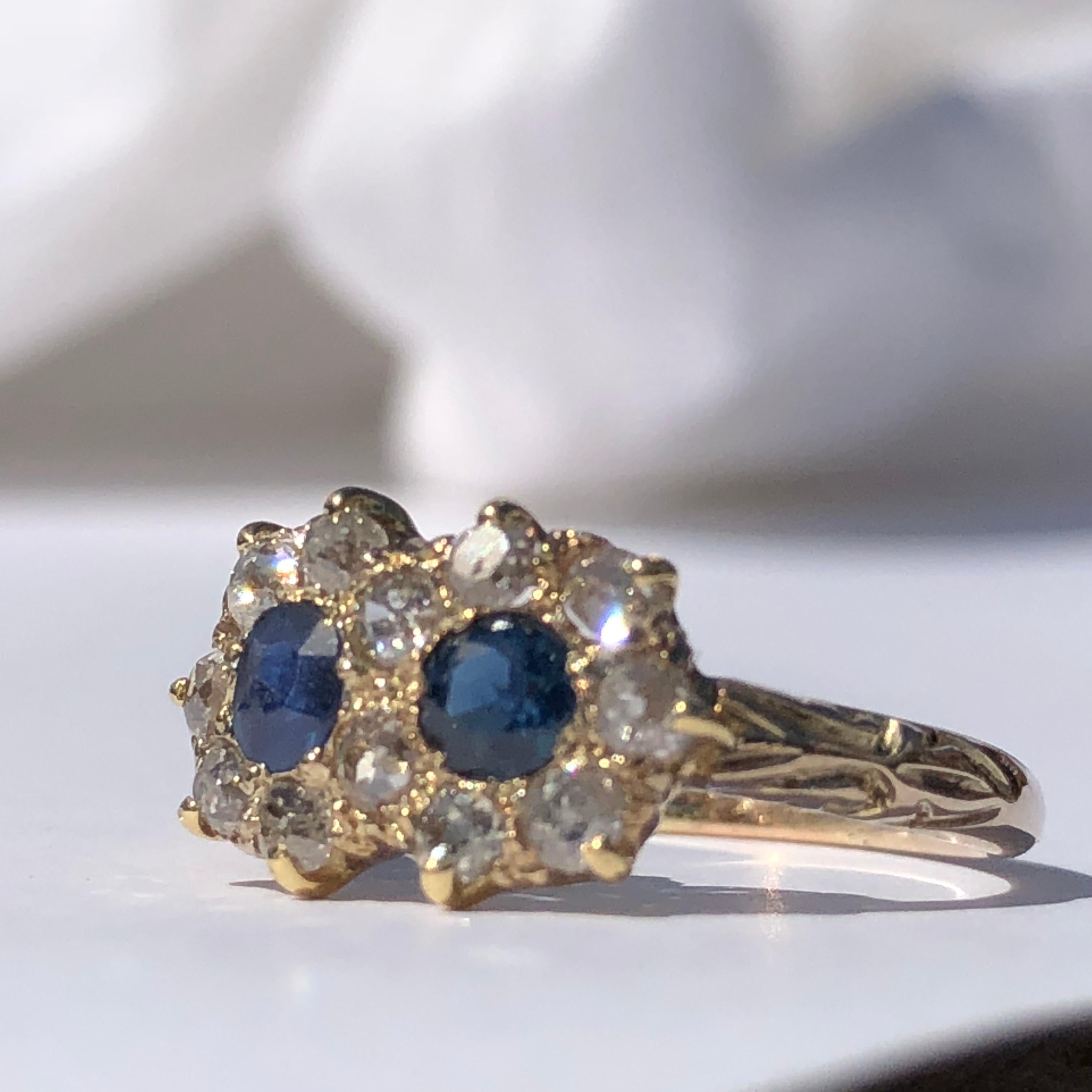 An Anitque Beautiful and Dainty Sapphire and Diamond Ring

In good vintage condition

set with approx .50 ct of old european cut diamonds and . 15 ct sapphires

Size K - our in house team can alter this size for you within 48 hours 

Sapphire has