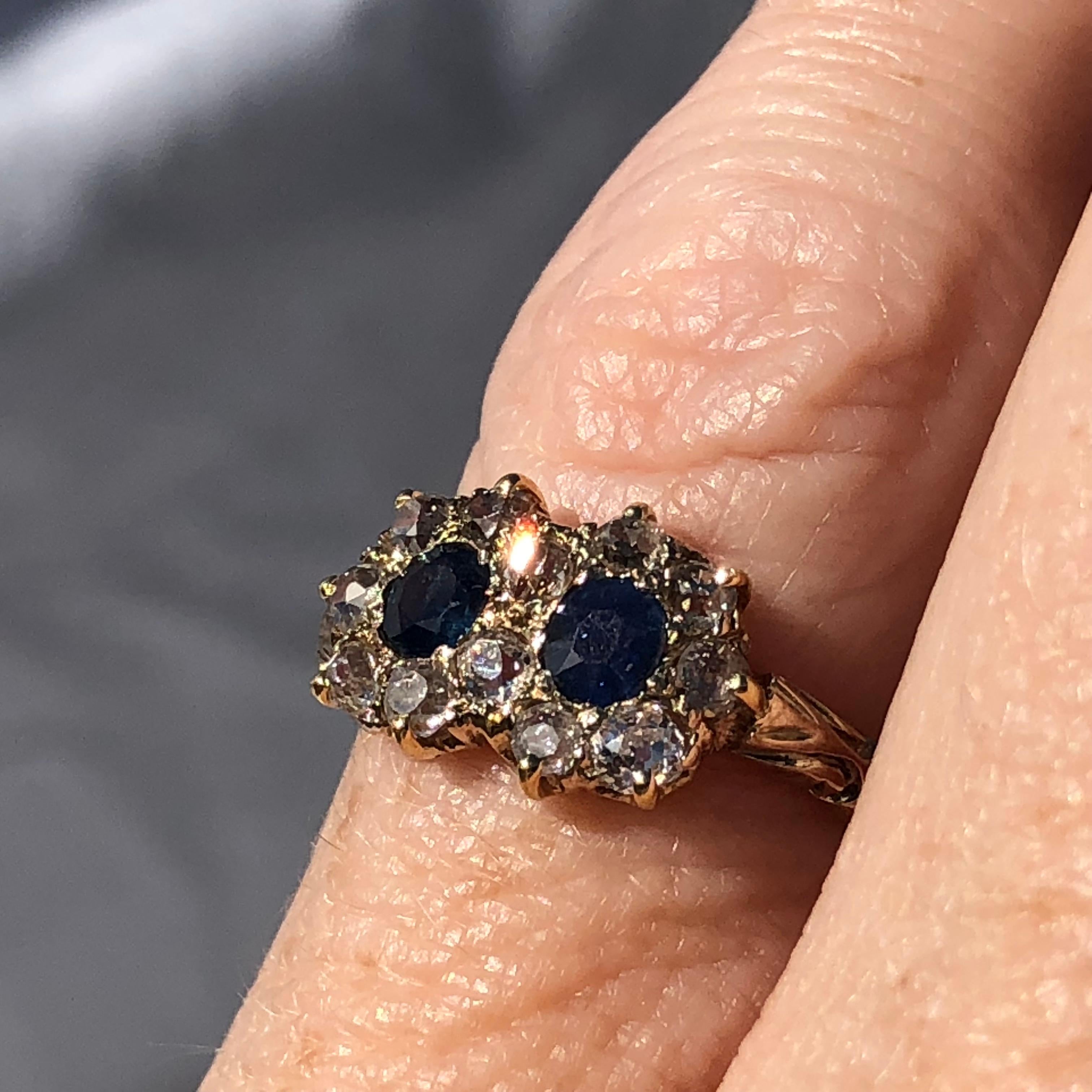 Round Cut Vintage Old Cut Diamond and Sapphire 18 Karat Yellow Gold Cocktail Ring