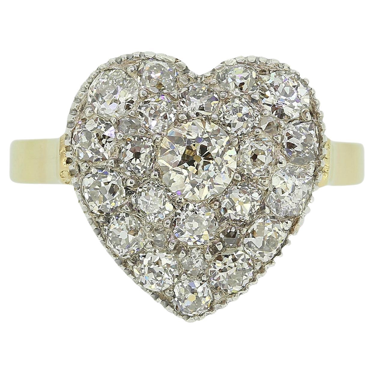Vintage Old Cut Diamond Cluster Heart Ring For Sale