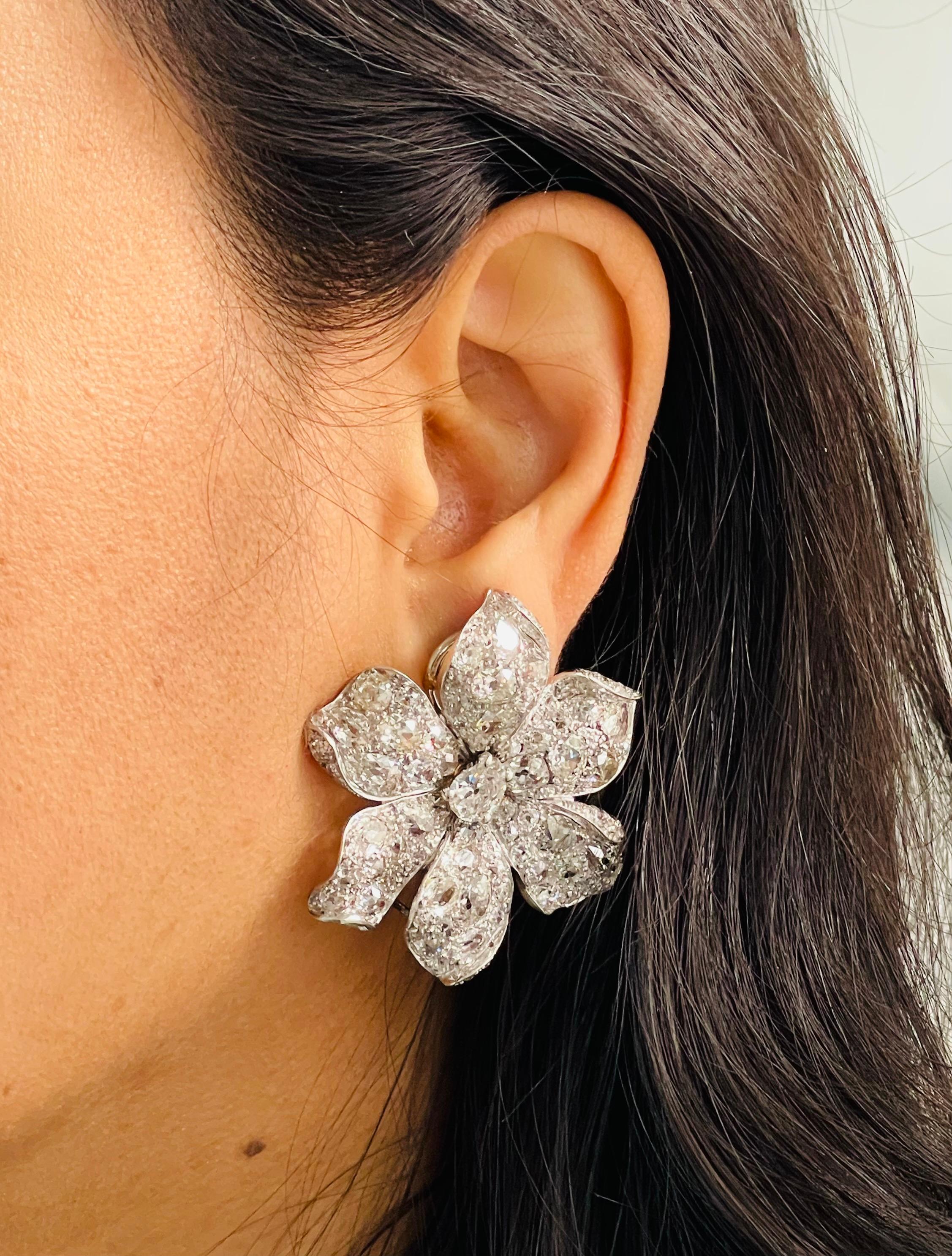 Vintage Old Cut Diamond Flower Ear-clips In Platinum.  6