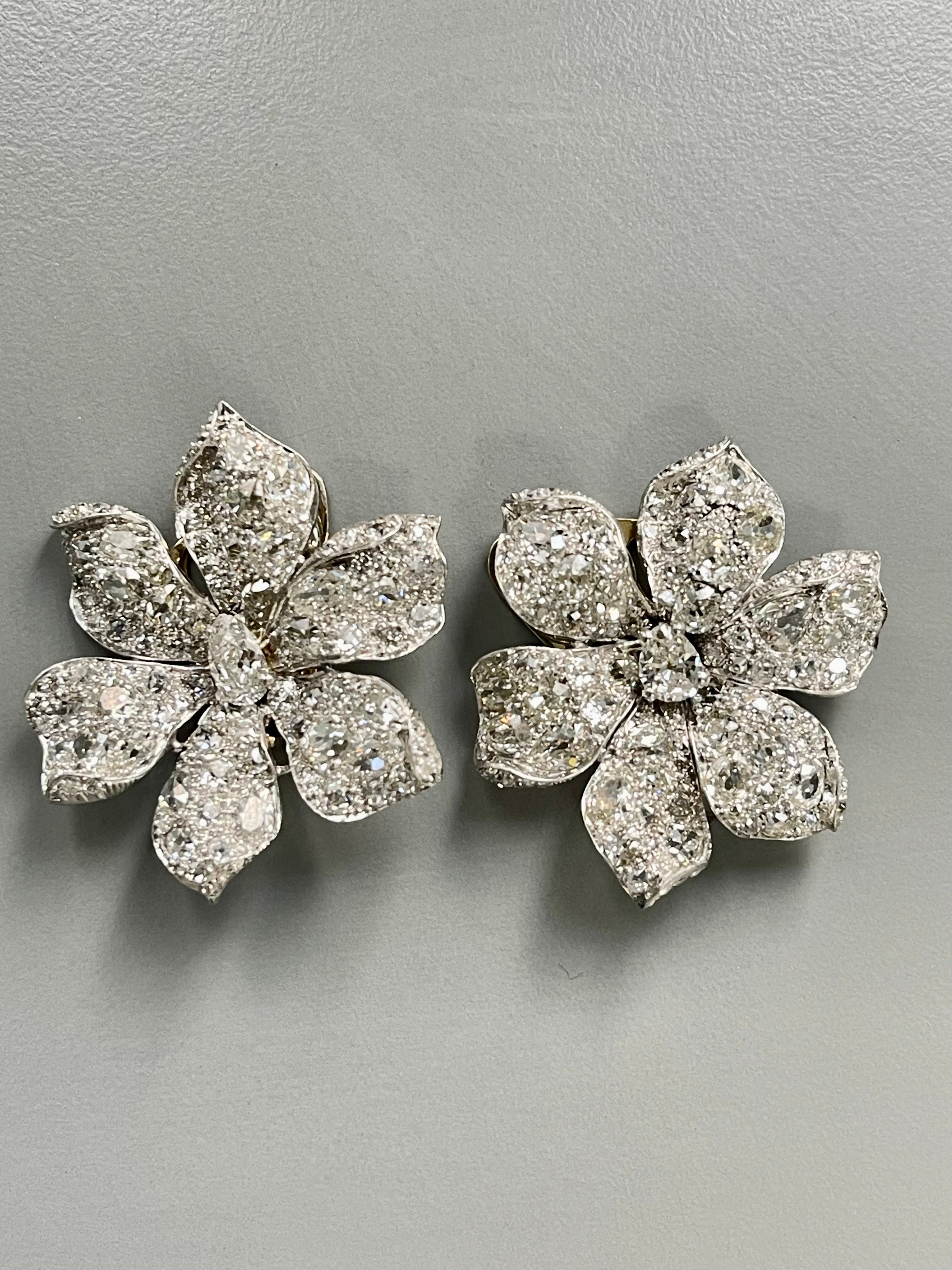 Old European Cut Vintage Old Cut Diamond Flower Ear-clips In Platinum.  For Sale