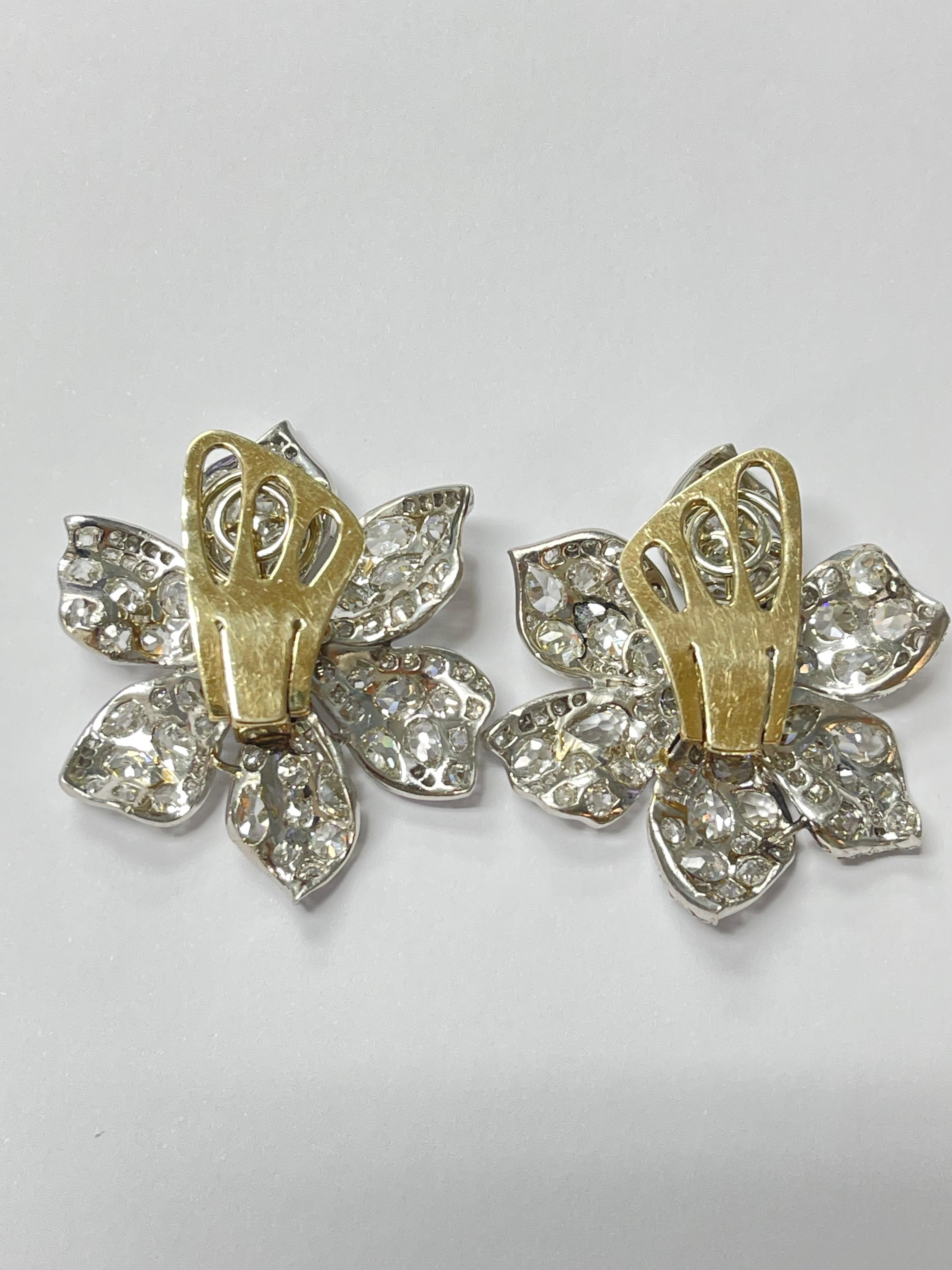 Women's Vintage Old Cut Diamond Flower Ear-clips In Platinum.  For Sale