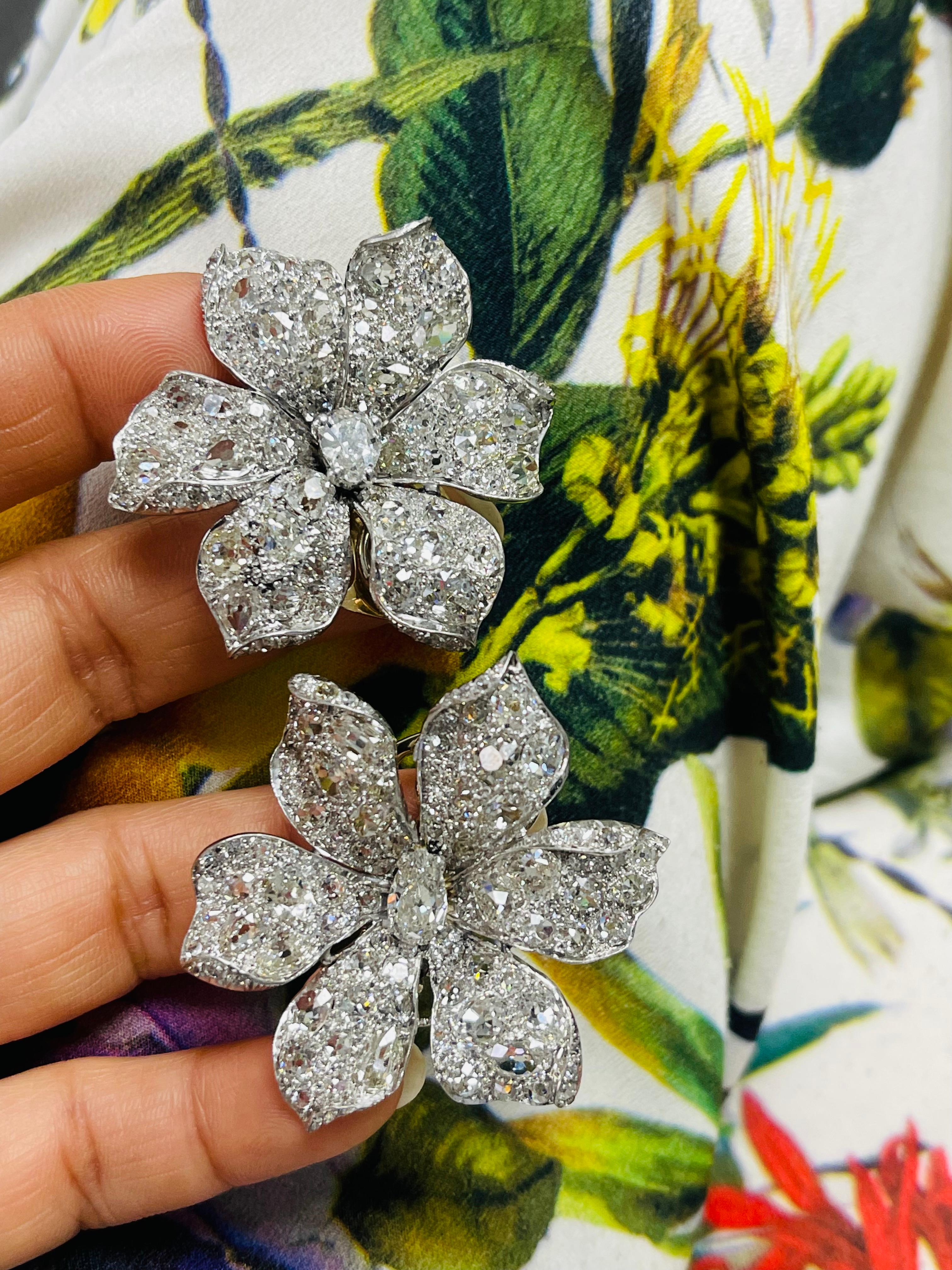 Vintage Old Cut Diamond Flower Ear-clips In Platinum.  1