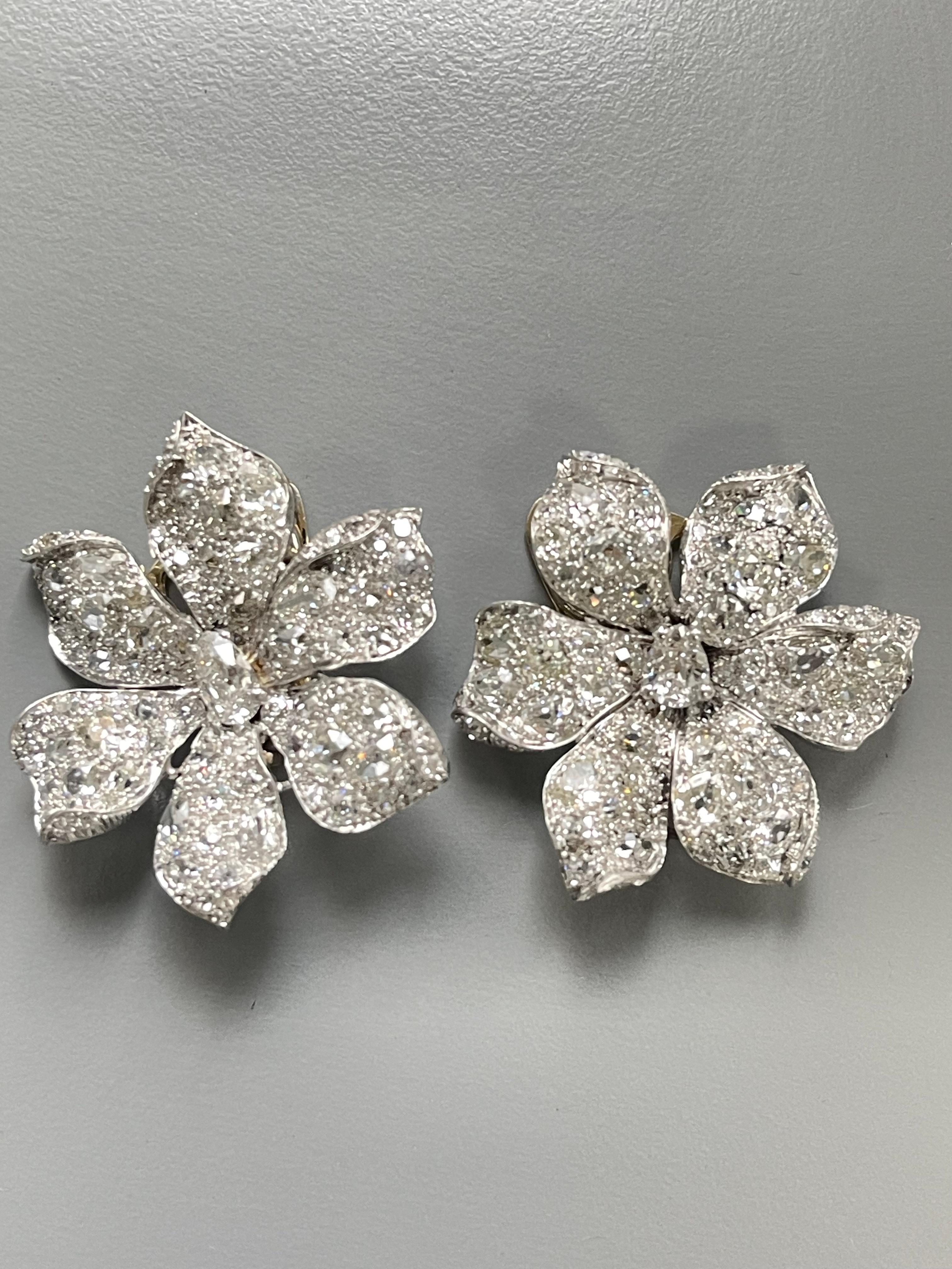 Vintage Old Cut Diamond Flower Ear-clips In Platinum.  2