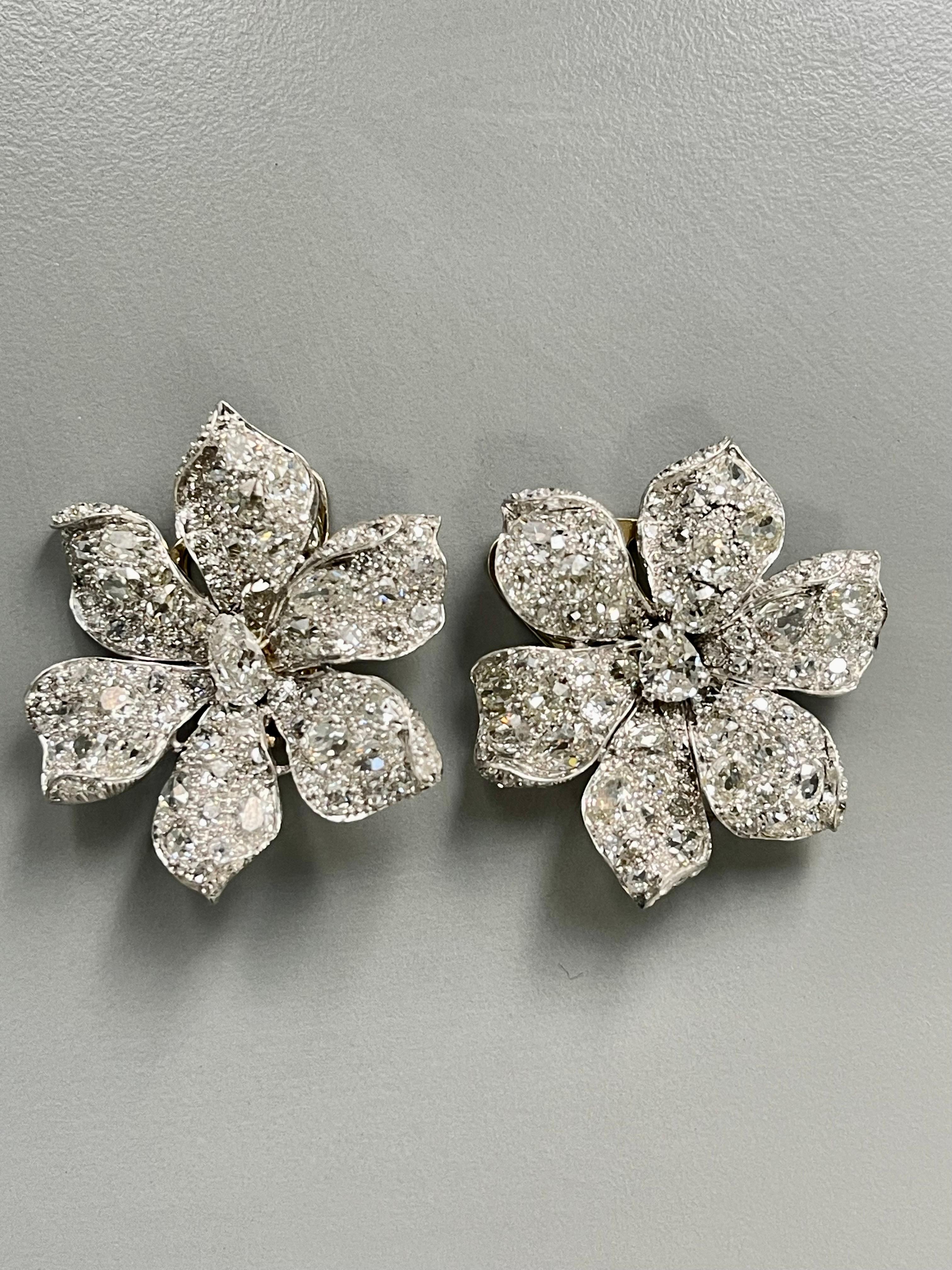 Vintage Old Cut Diamond Flower Ear-clips In Platinum.  3