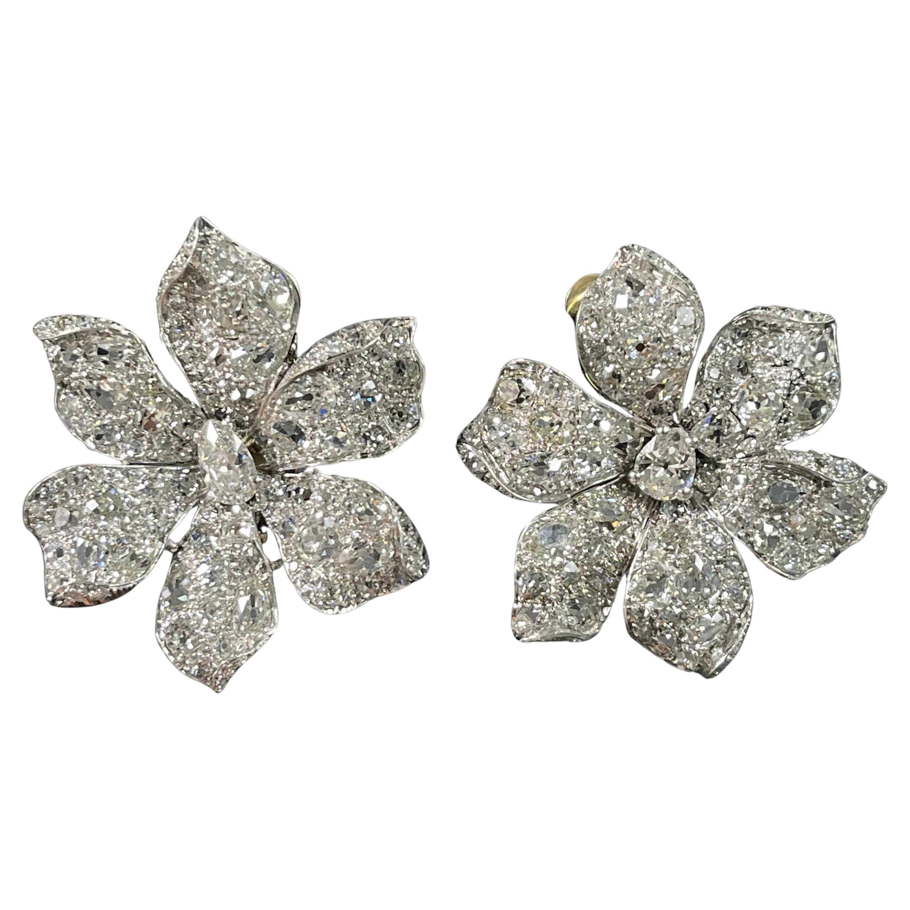 Vintage Old Cut Diamond Flower Ear-clips In Platinum.  For Sale