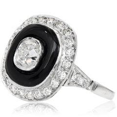 Vintage Old Cut Diamond Onyx Platinum Double Halo Cocktail Engagement Ring