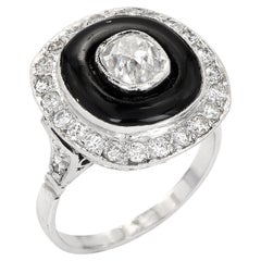 Vintage Old Cut Diamond Onyx Platinum Double Halo Cocktail Engagement Ring Vintage Old Cut Diamond Onyx Platinum Double Halo Cocktail Engagement Ring
