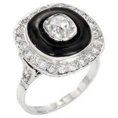 Vintage Old Cut Diamond Onyx Platinum Double Halo Cocktail Engagement Ring