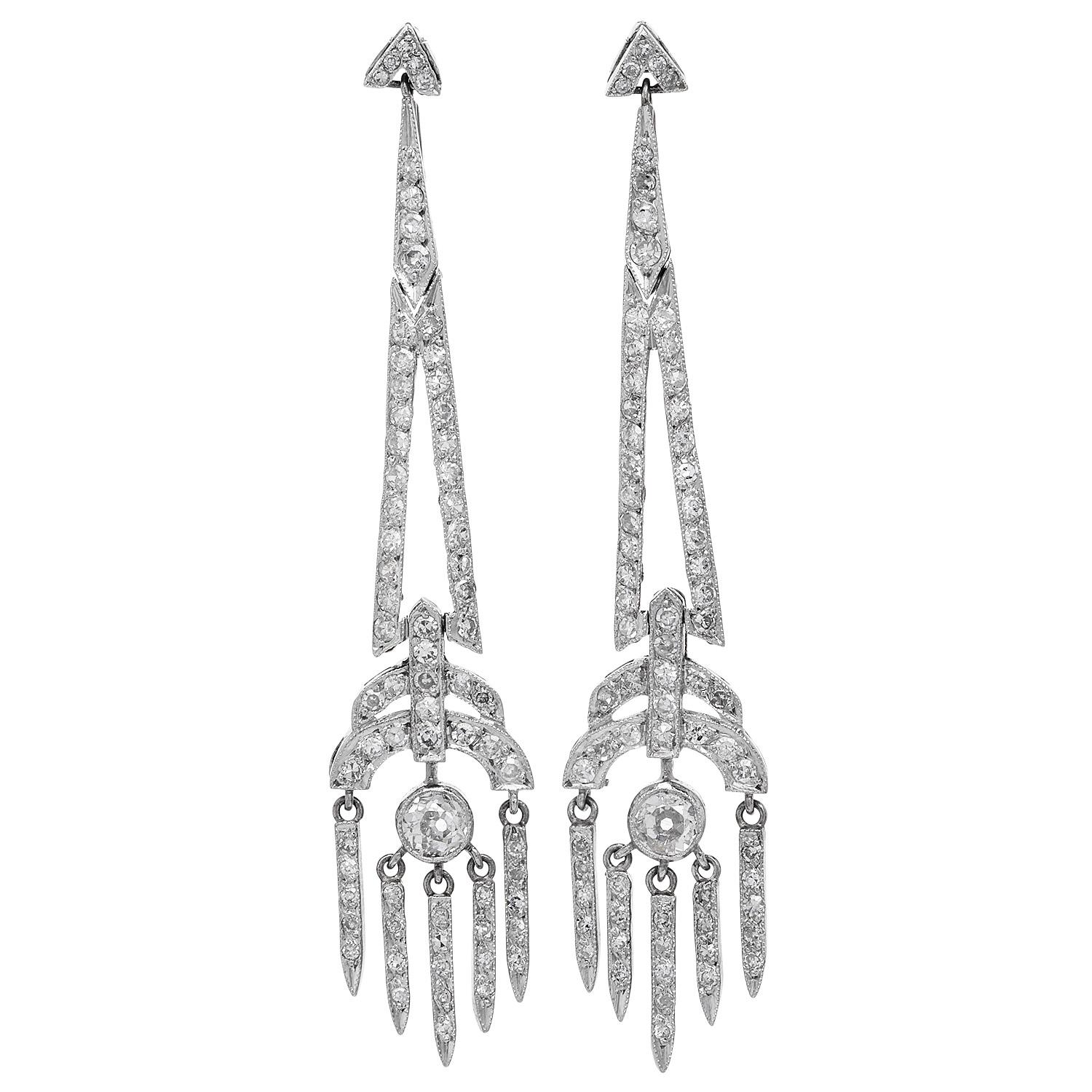 Art Deco Vintage Old Cut Diamond Platinum  Long Chandelier Geometric Earrings