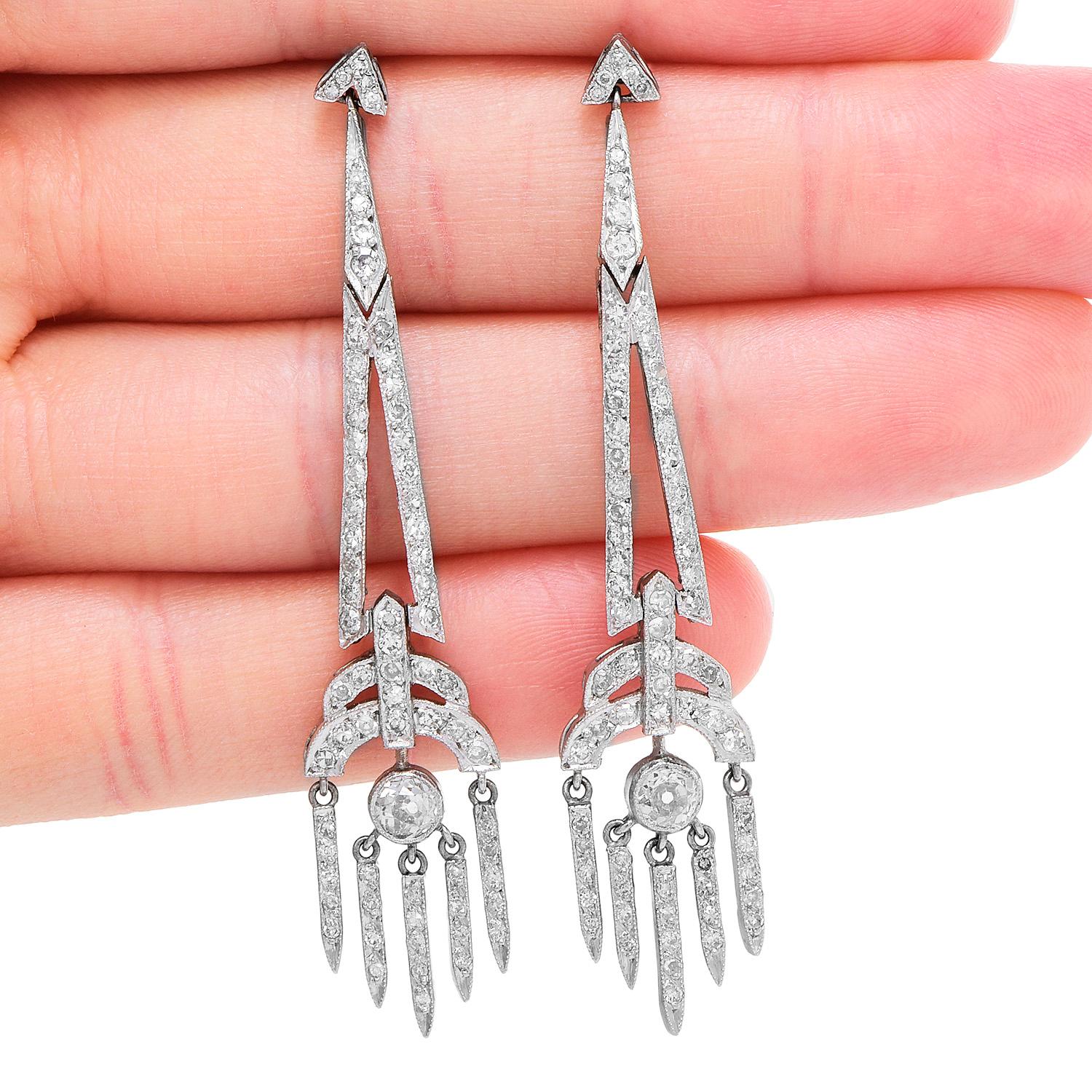 Vintage Old Cut Diamond Platinum  Long Chandelier Geometric Earrings In Excellent Condition In Miami, FL