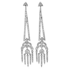 Vintage Old Cut Diamond Platinum Long Chandelier Geometric Earrings