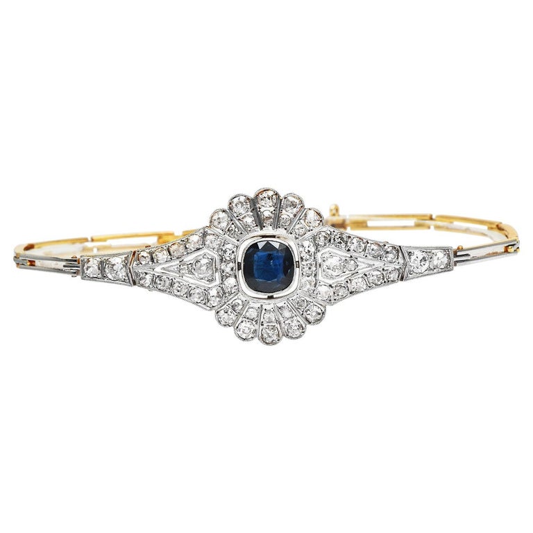 Vintage Old Cut Diamond Sapphire Platinum 18K Gold Hexagon Link