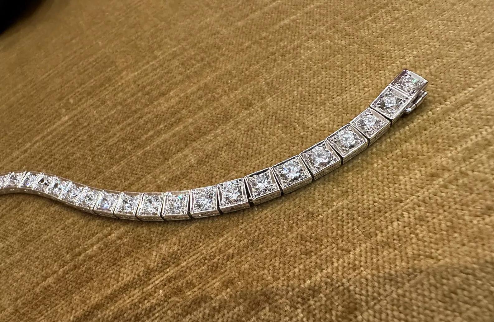 Taglio antico europeo Bracciale Vintage Old Cut con diamanti quadrati incastonati 7,00 cttw in platino in vendita