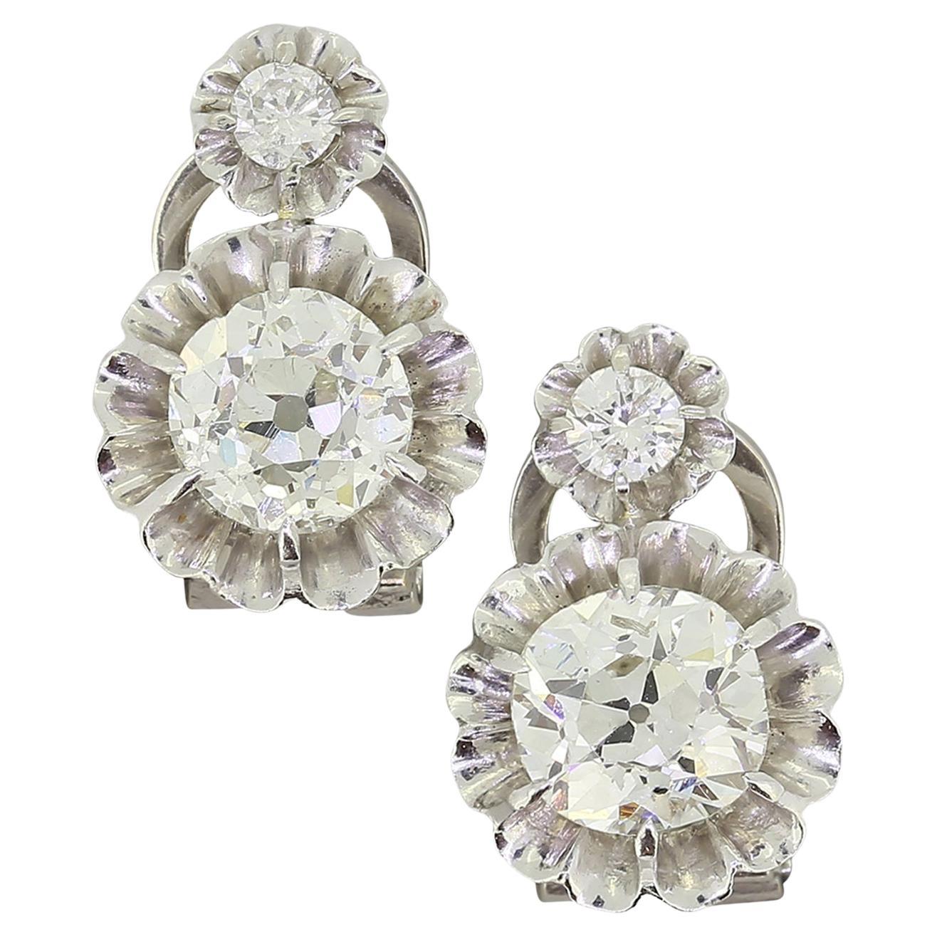 Vintage Old Cut Diamond Two-Stone Earrings For Sale
