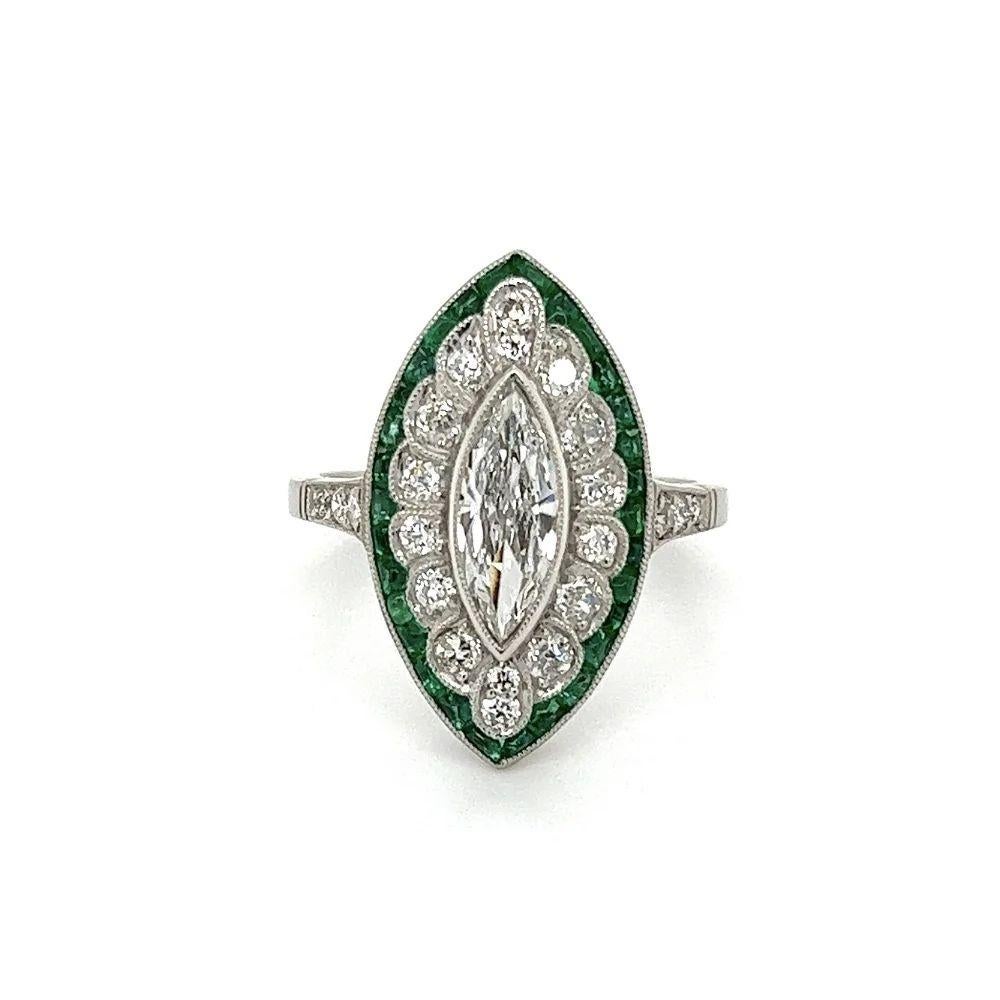 Marquise Cut  Vintage Old Cut Marquise Diamond and Emerald Platinum Cocktail Ring For Sale