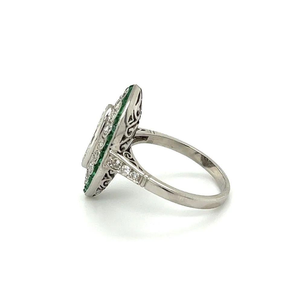 Women's  Vintage Old Cut Marquise Diamond and Emerald Platinum Cocktail Ring For Sale