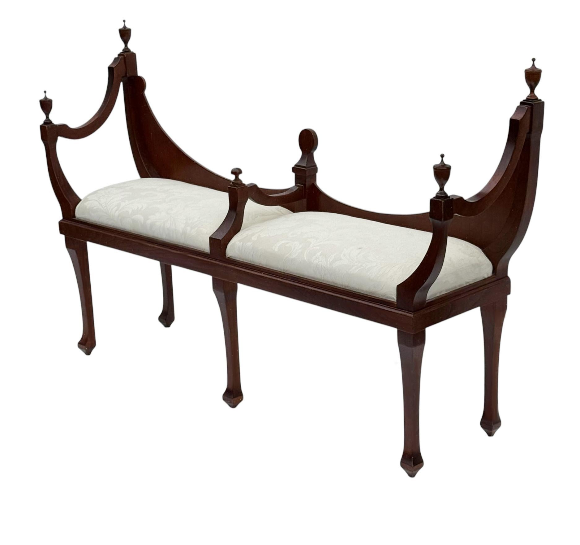 Mid-Century Modern Vintage Old English Hepplewhite Style Courting Bench in Mahogany For Sale