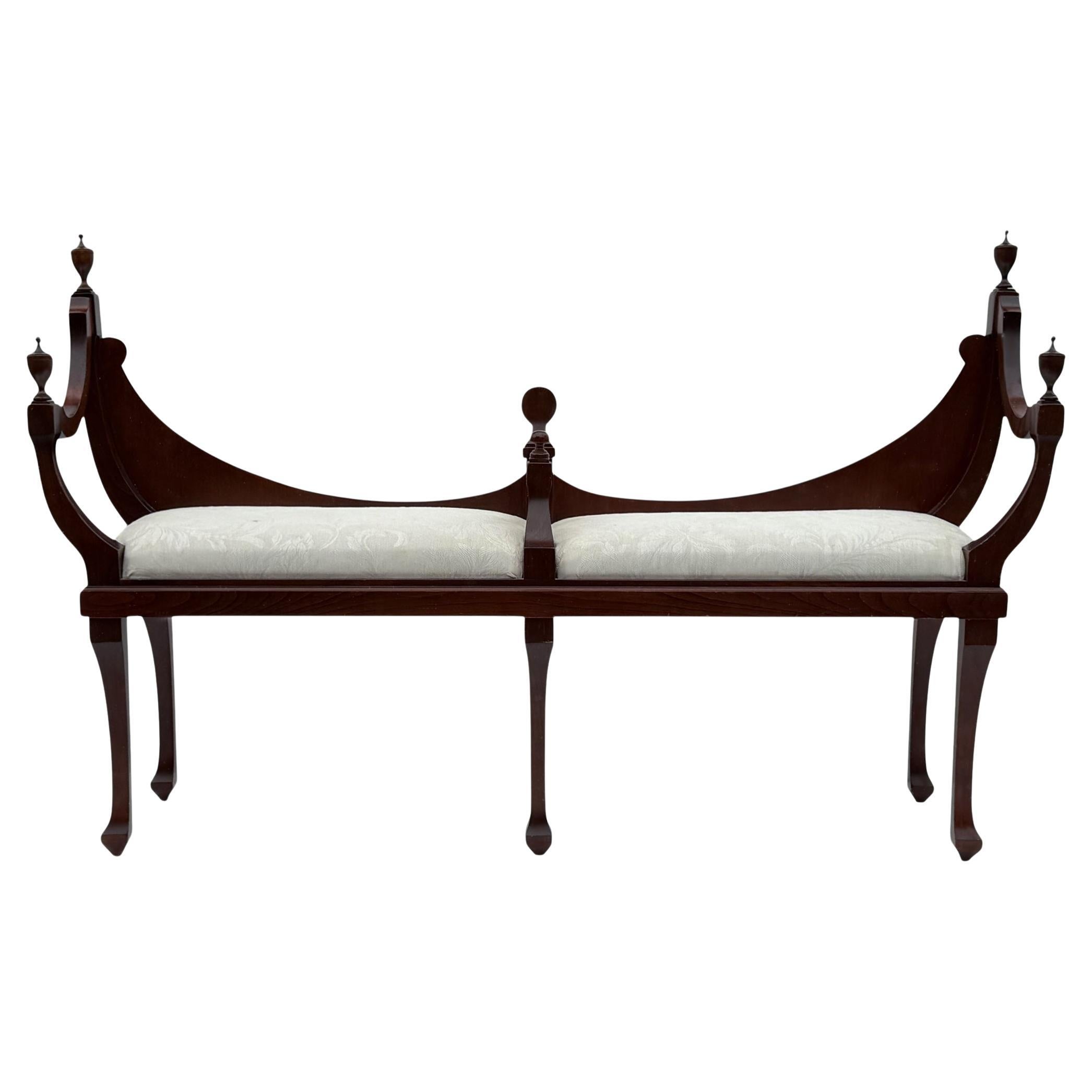 Vintage Old English Hepplewhite Style Courting Bench in Mahogany For Sale