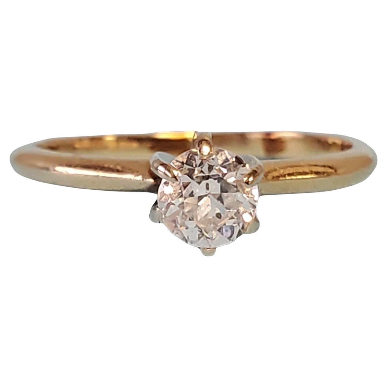 Vintage Old Euro Diamond Engagement Ring 14k Yellow Gold Solitaire For Sale