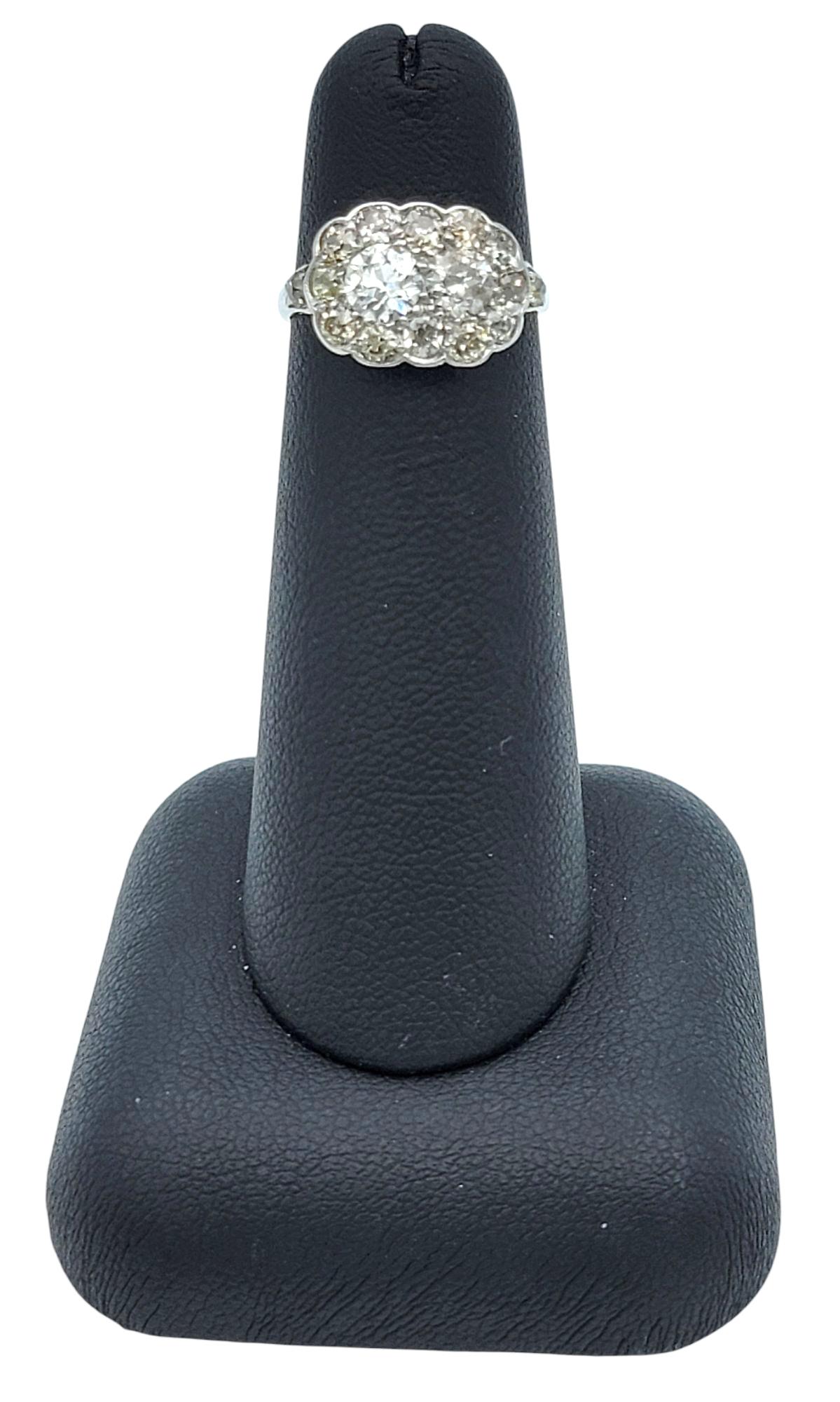 Vintage Old European and Old Mine Cut Diamond Cluster Ring in Polished Platinum For Sale 4
