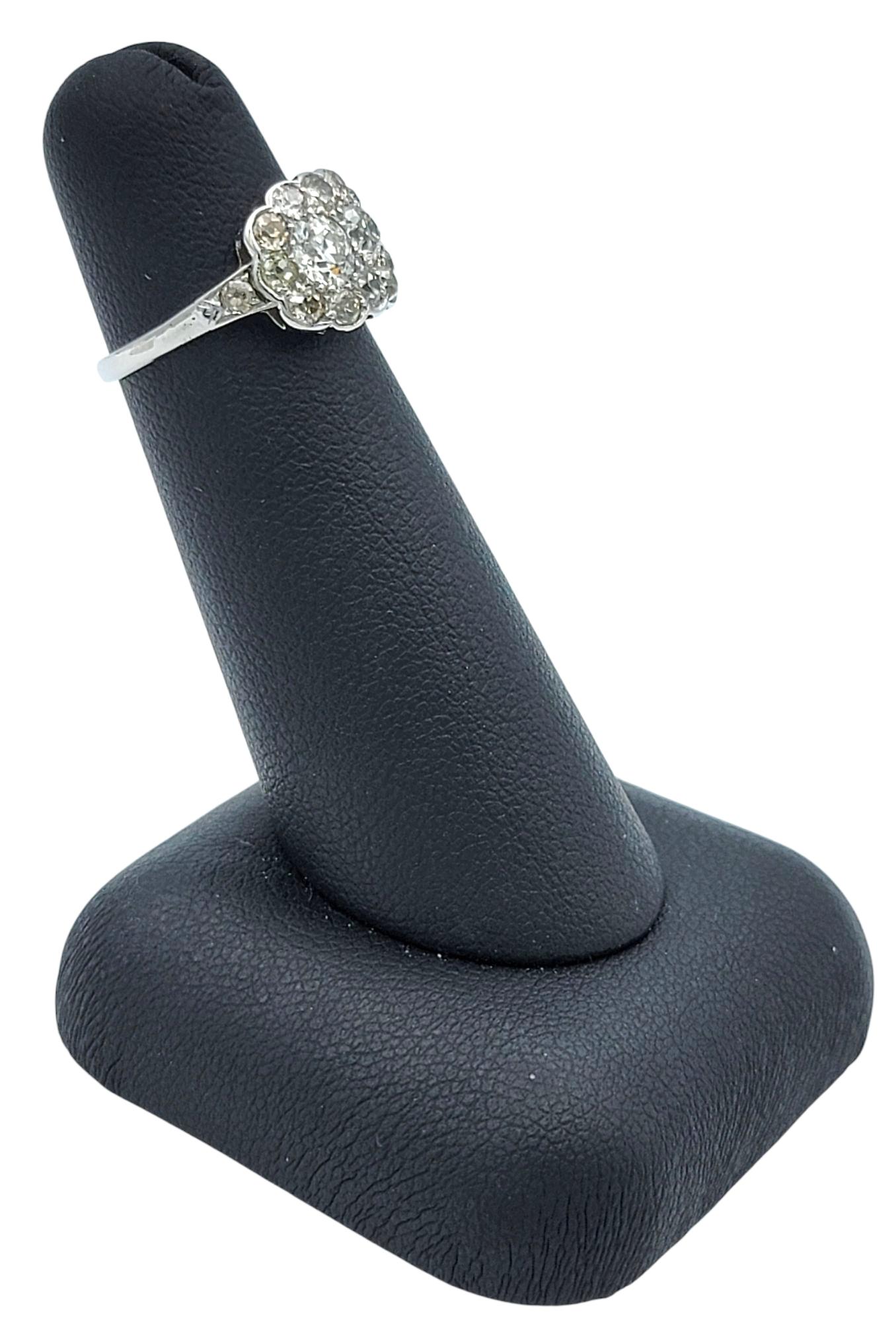 Vintage Old European and Old Mine Cut Diamond Cluster Ring in Polished Platinum For Sale 5