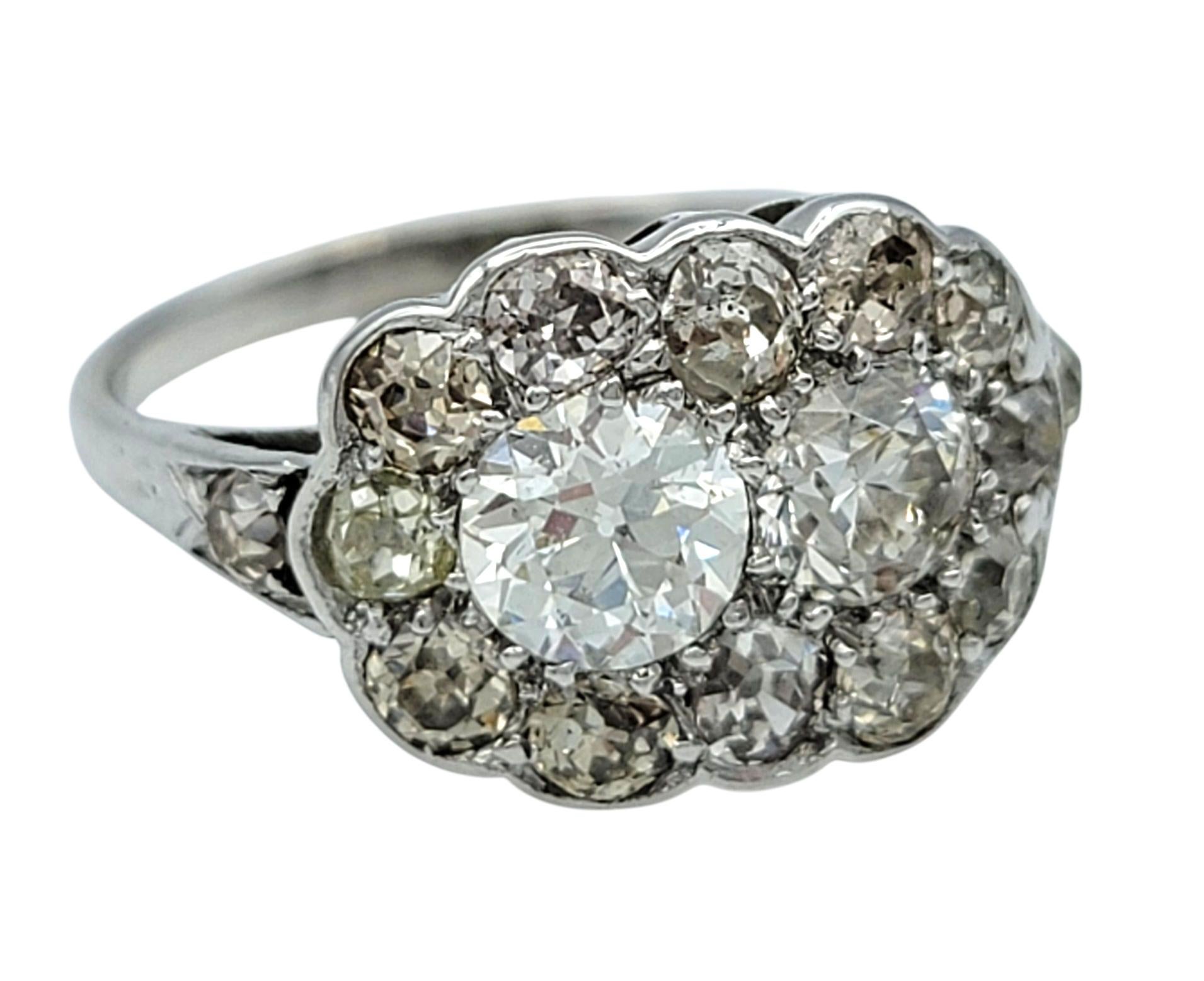 Contemporary Vintage Old European and Old Mine Cut Diamond Cluster Ring in Polished Platinum For Sale