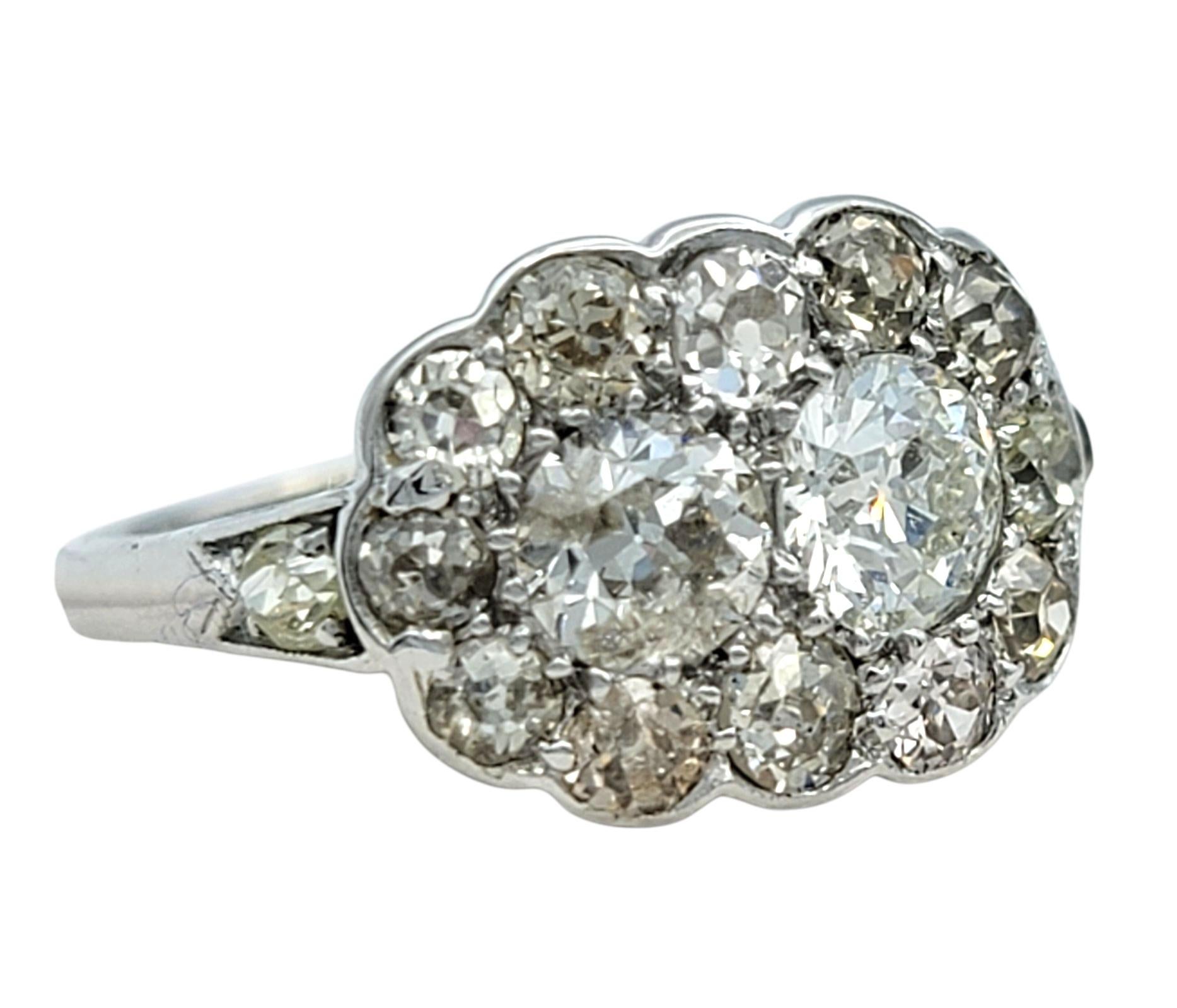 Old European Cut Vintage Old European and Old Mine Cut Diamond Cluster Ring in Polished Platinum For Sale