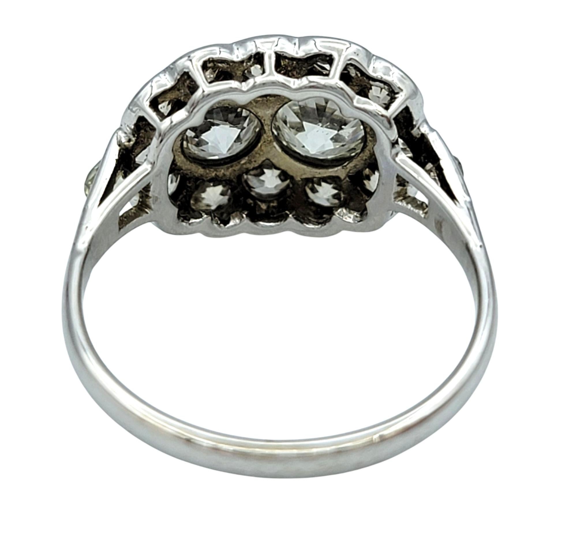 Vintage Old European and Old Mine Cut Diamond Cluster Ring in Polished Platinum For Sale 2