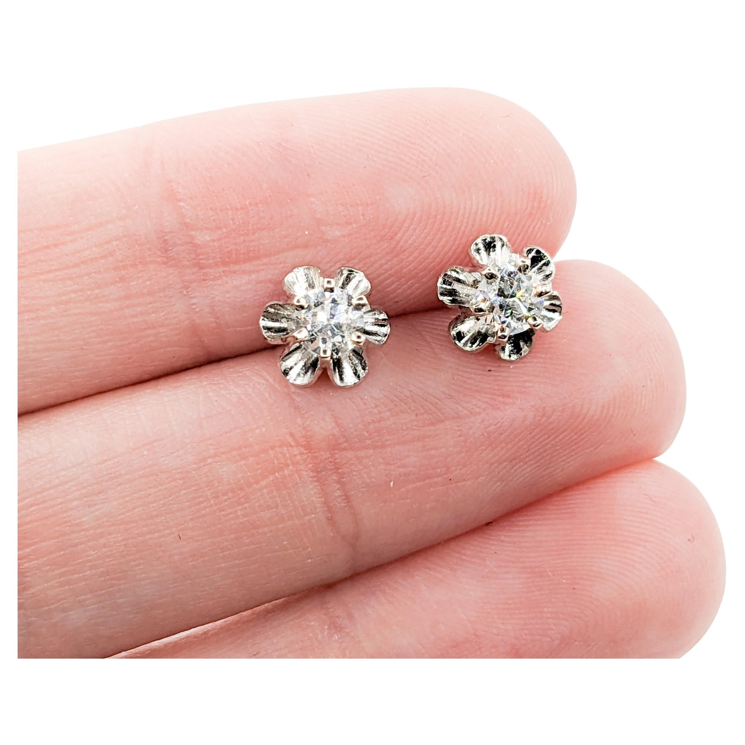 Round Cut Vintage Old European Buttercup Stud Diamond Earrings In White Gold  For Sale