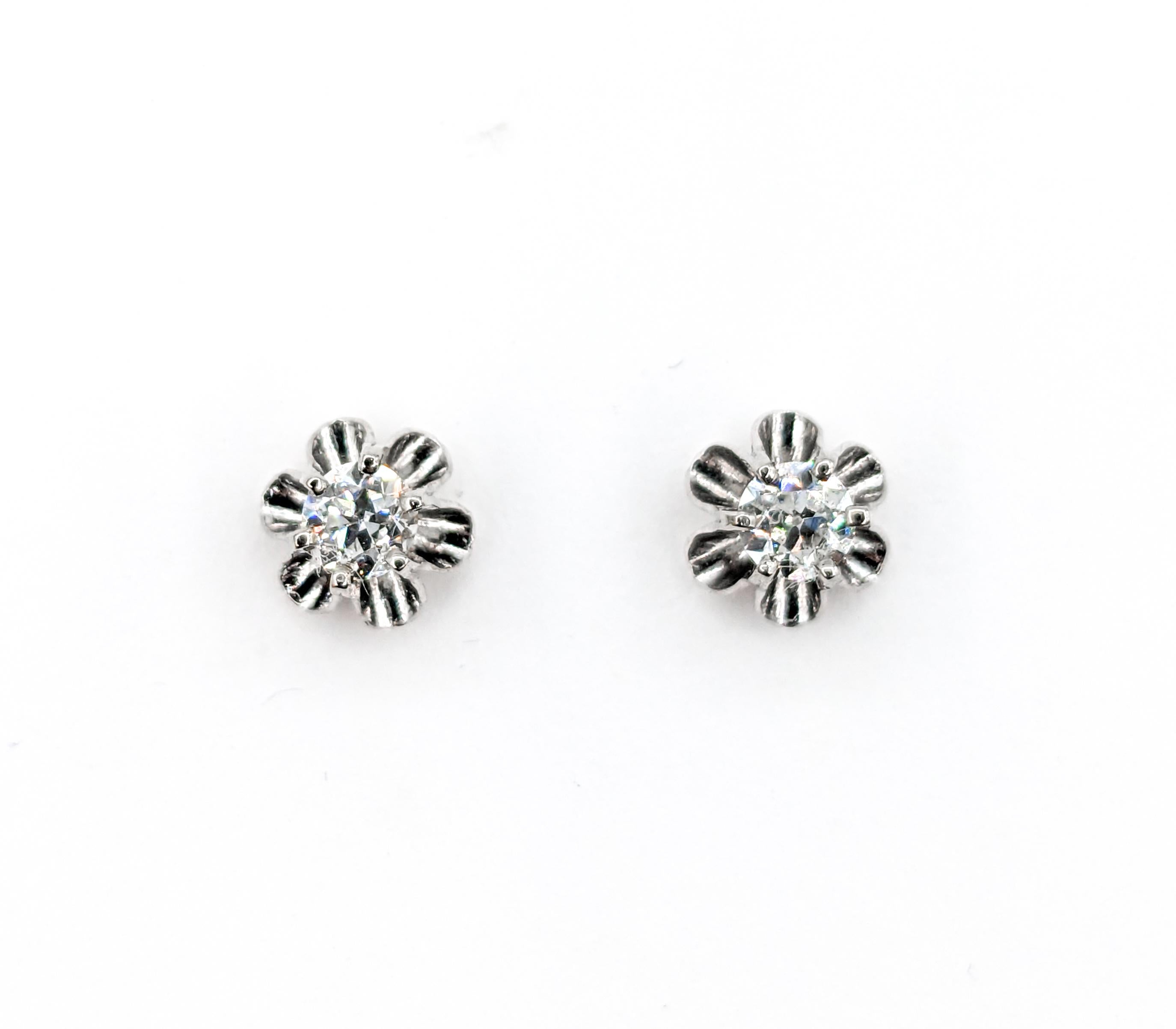 Vintage Old European Buttercup Stud Diamond Earrings In White Gold  For Sale 1