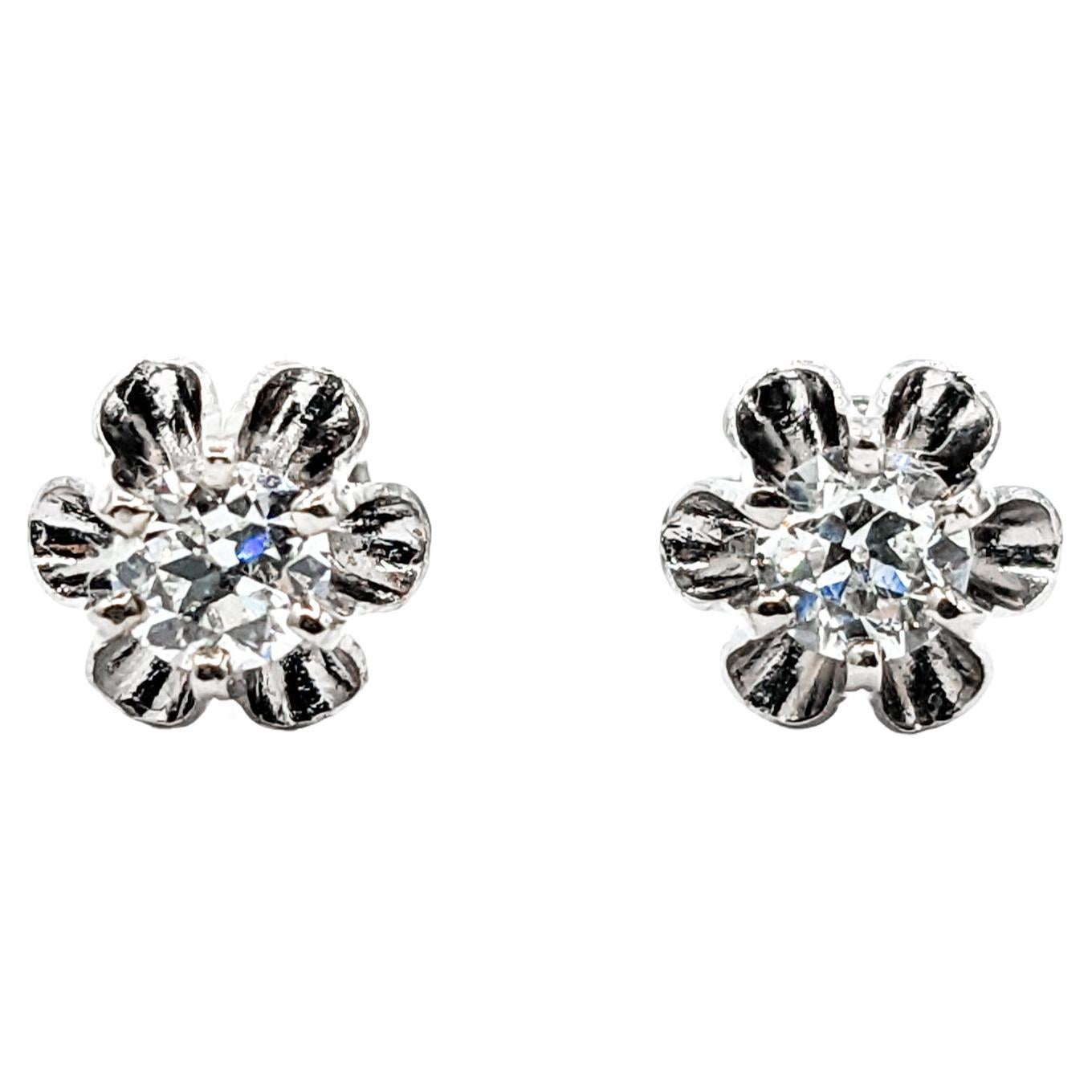 Vintage Old European Buttercup Stud Diamond Earrings In White Gold  For Sale