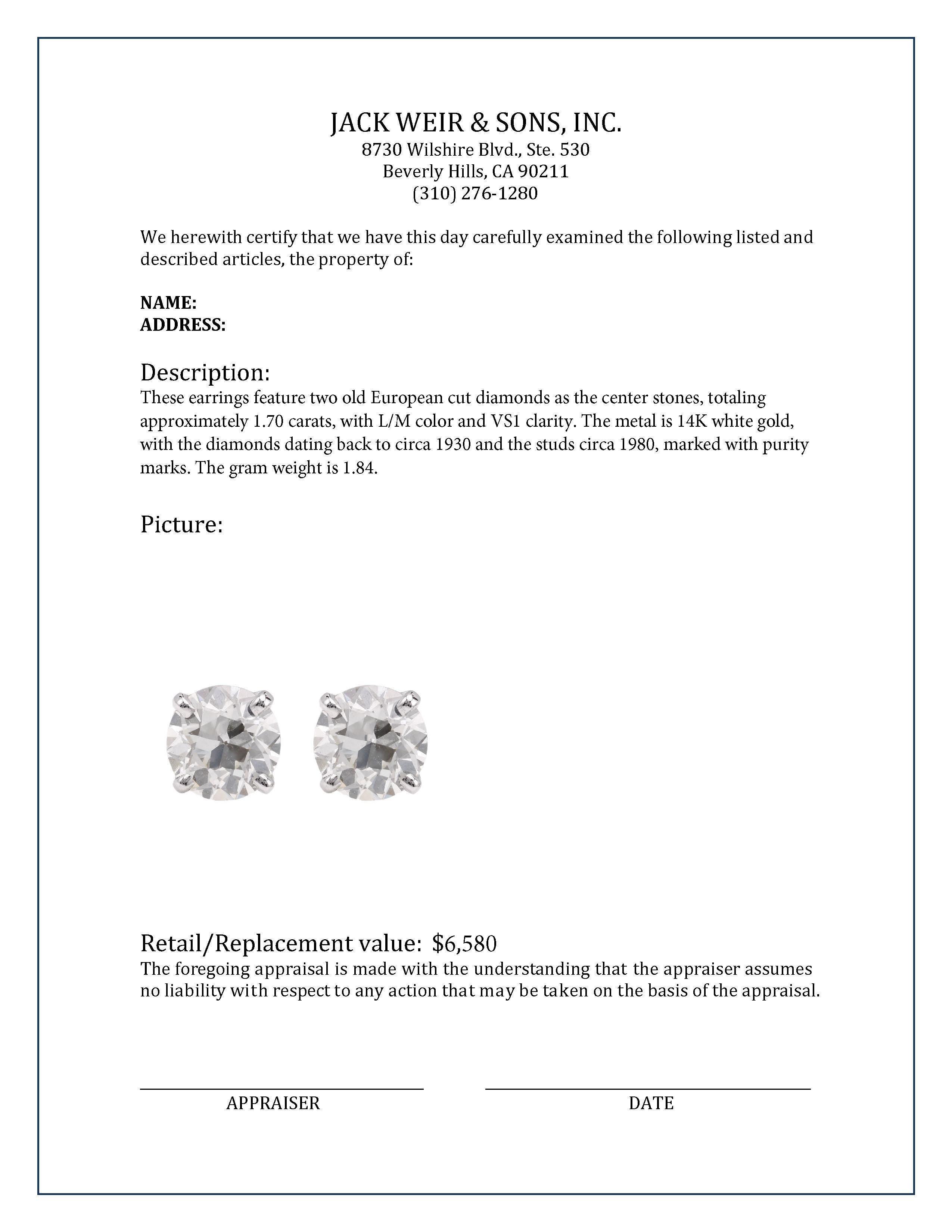 Boucles d'oreilles en or blanc 14K avec diamant taille européenne ancienne Excellent état à Beverly Hills, CA
