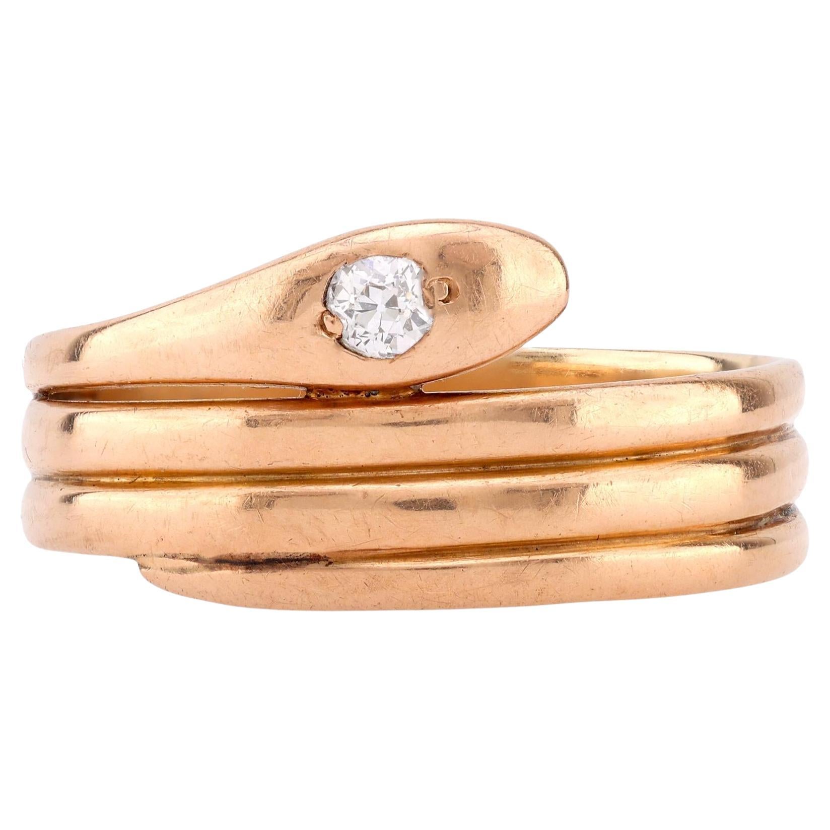Vintage Old European Cut Diamond 14K Yellow Gold Snake Ring For Sale at ...