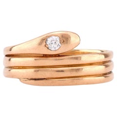 Vintage Old European Cut Diamond 14K Yellow Gold Snake Ring