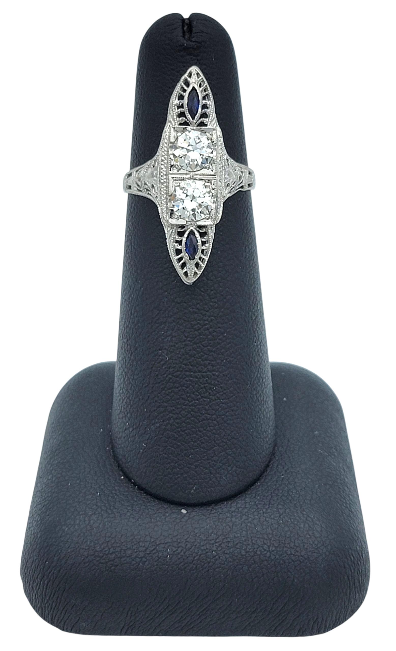 Vintage Old European Cut Diamond and Blue Sapphire Navette Ring in 18 Karat Gold For Sale 5