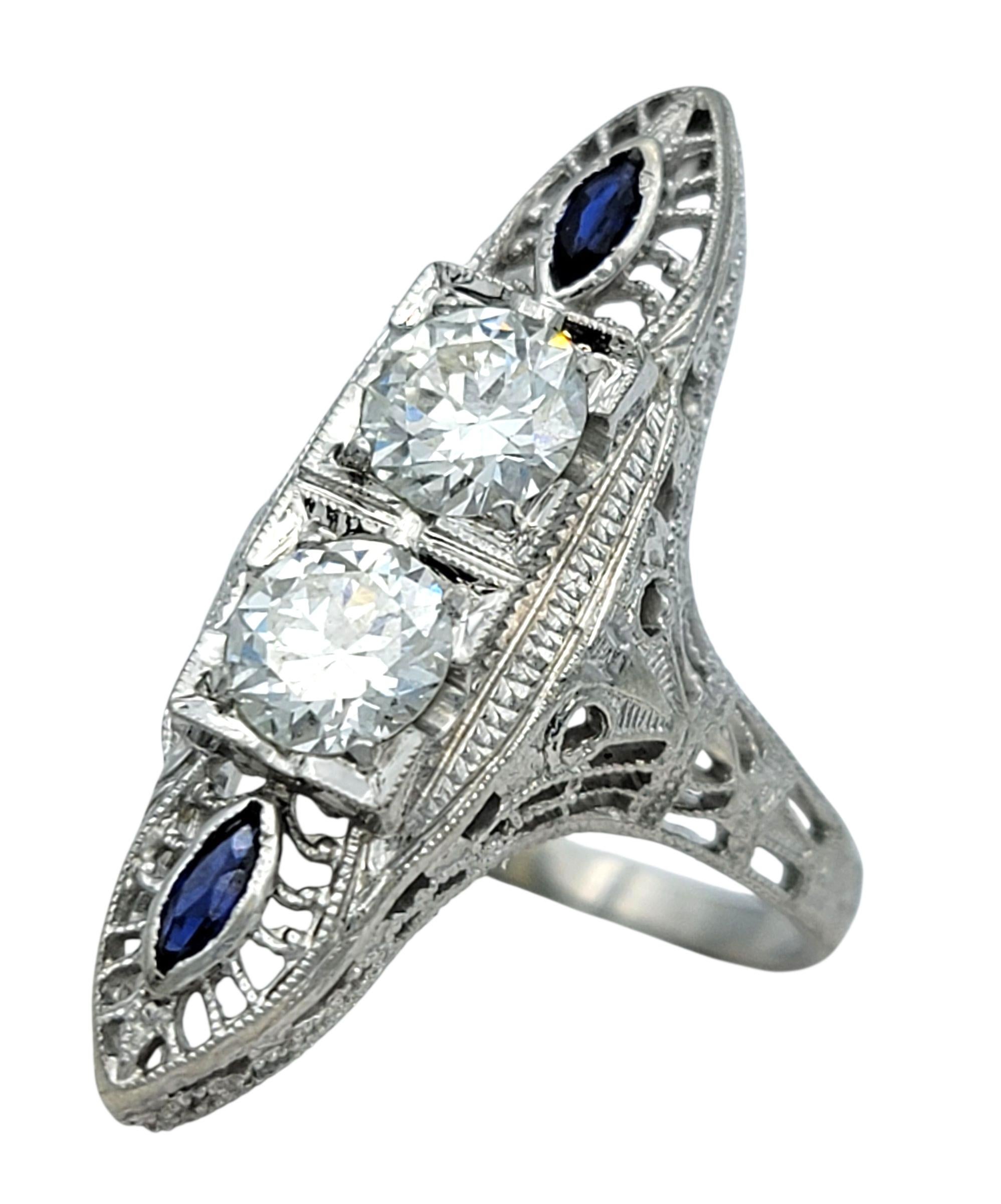 Contemporary Vintage Old European Cut Diamond and Blue Sapphire Navette Ring in 18 Karat Gold For Sale