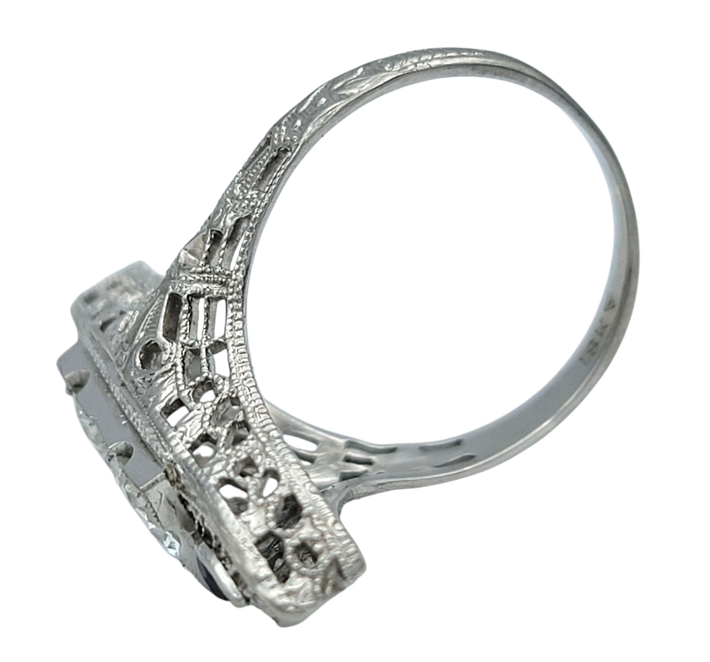 Women's Vintage Old European Cut Diamond and Blue Sapphire Navette Ring in 18 Karat Gold For Sale