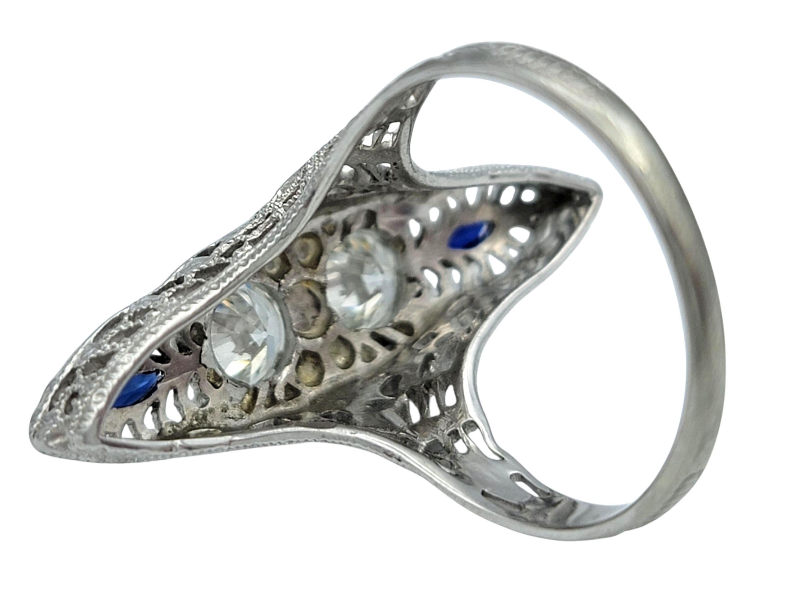 Vintage Old European Cut Diamond and Blue Sapphire Navette Ring in 18 Karat Gold For Sale 1
