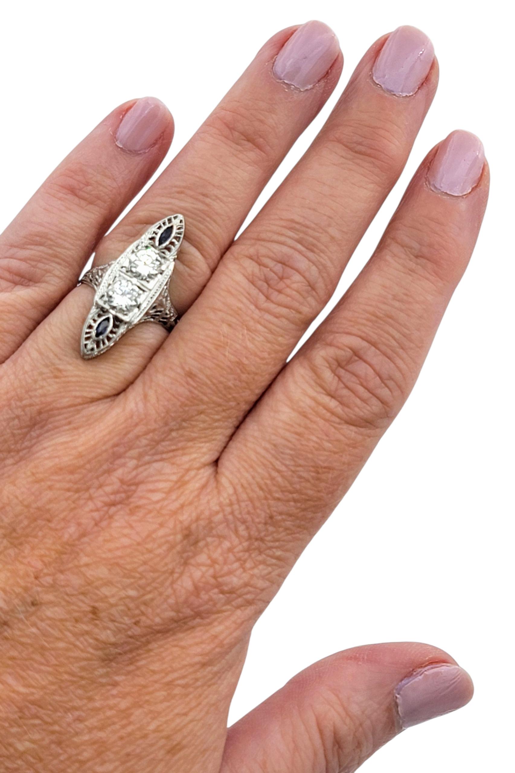 Vintage Old European Cut Diamond and Blue Sapphire Navette Ring in 18 Karat Gold For Sale 3