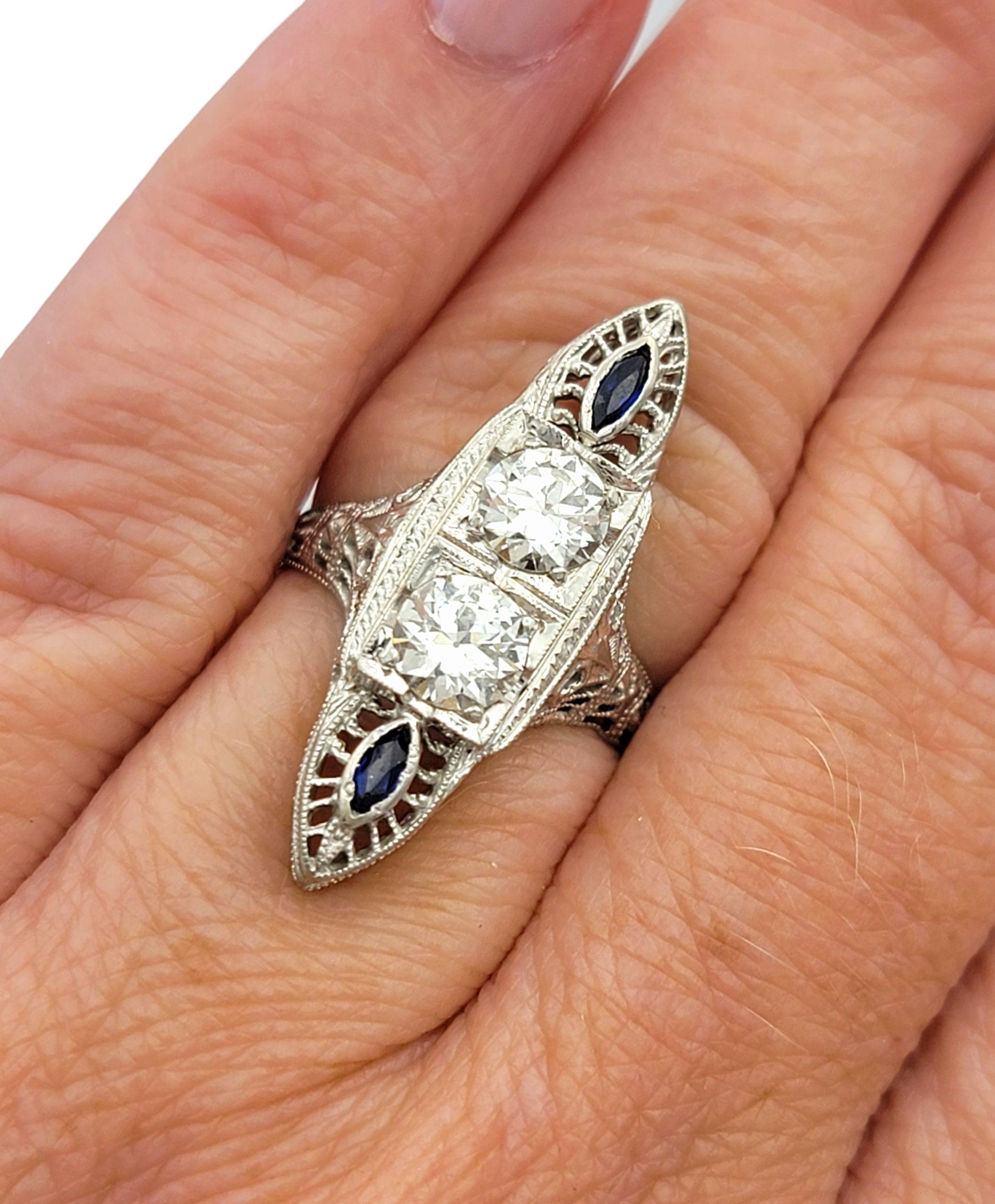 Vintage Old European Cut Diamond and Blue Sapphire Navette Ring in 18 Karat Gold For Sale 4