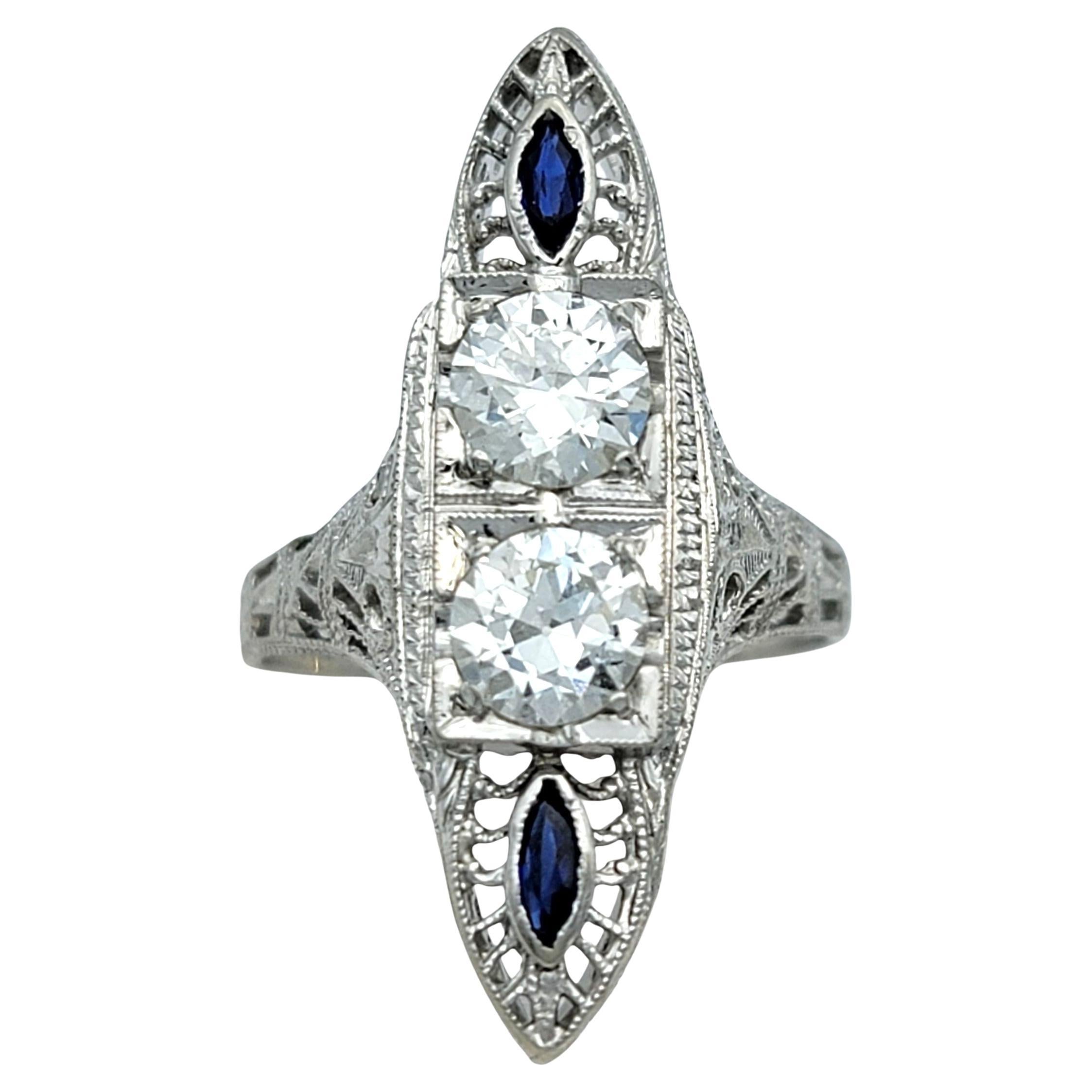 Vintage Old European Cut Diamond and Blue Sapphire Navette Ring in 18 Karat Gold For Sale