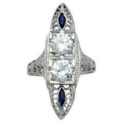 Vintage Old European Cut Diamond and Blue Sapphire Navette Ring in 18 Karat Gold